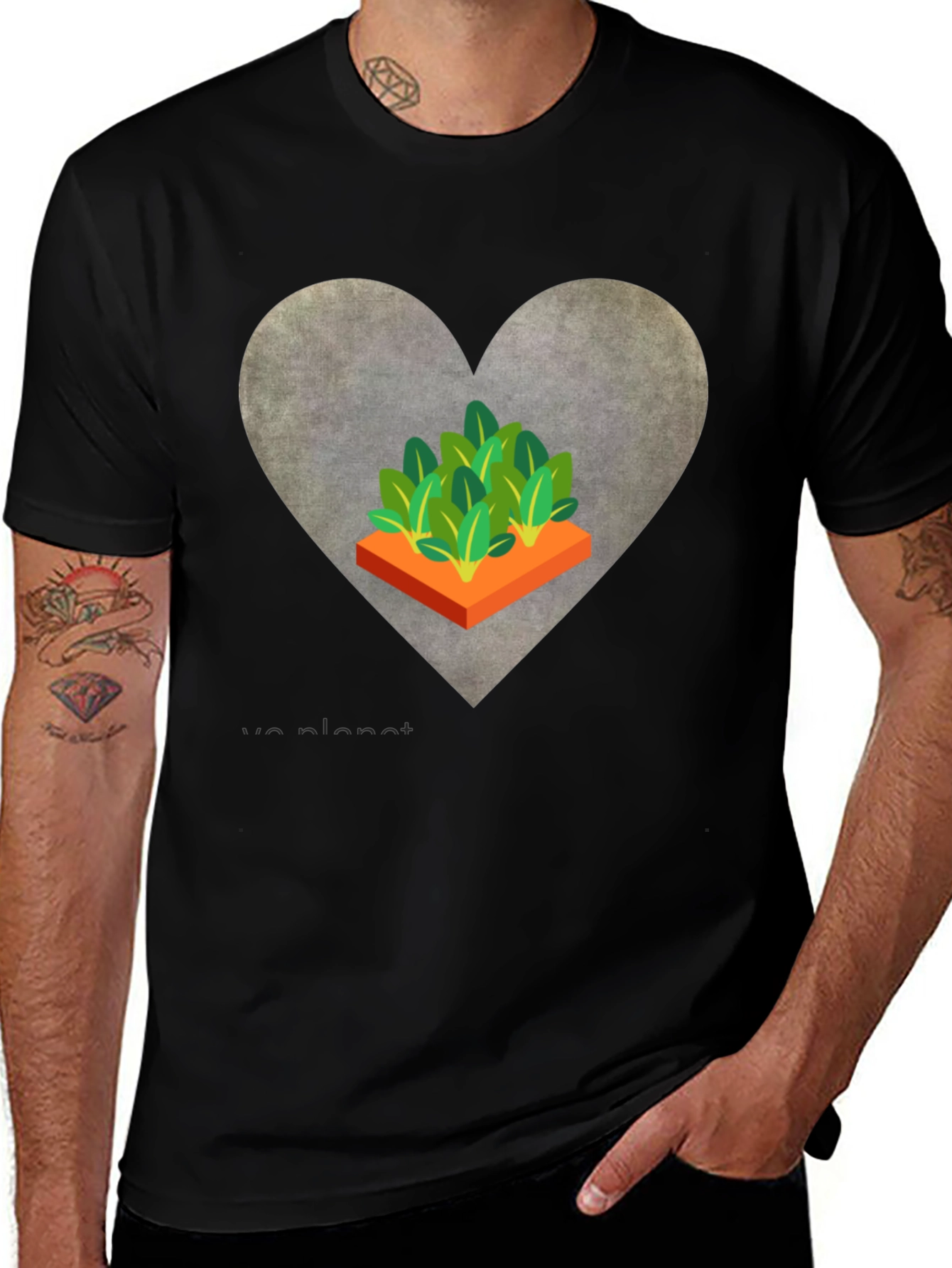 Love Our Planet Black T-Shirt Garden Heart Design