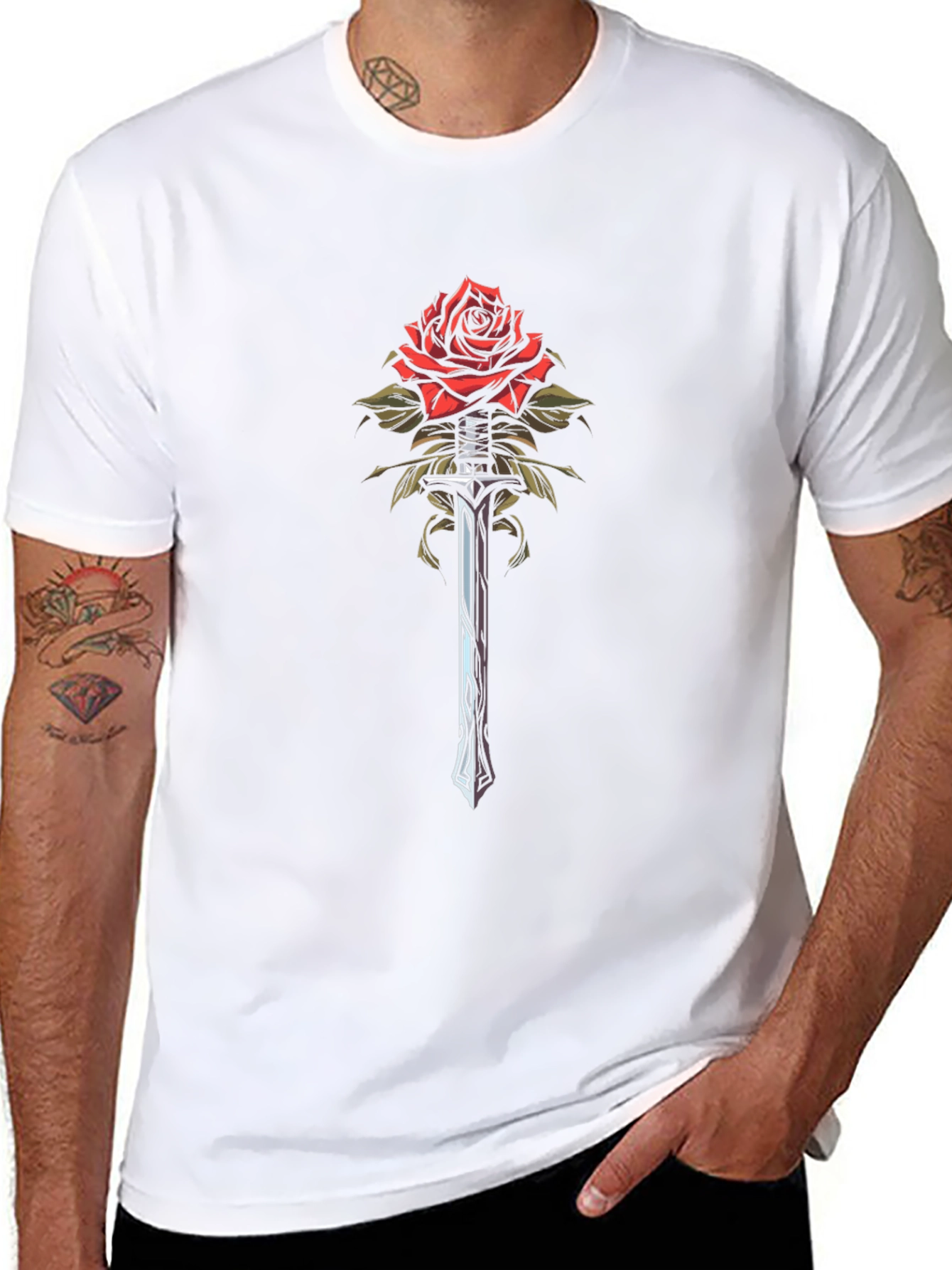 Rose and Sword Graphic Tee - Unique Design