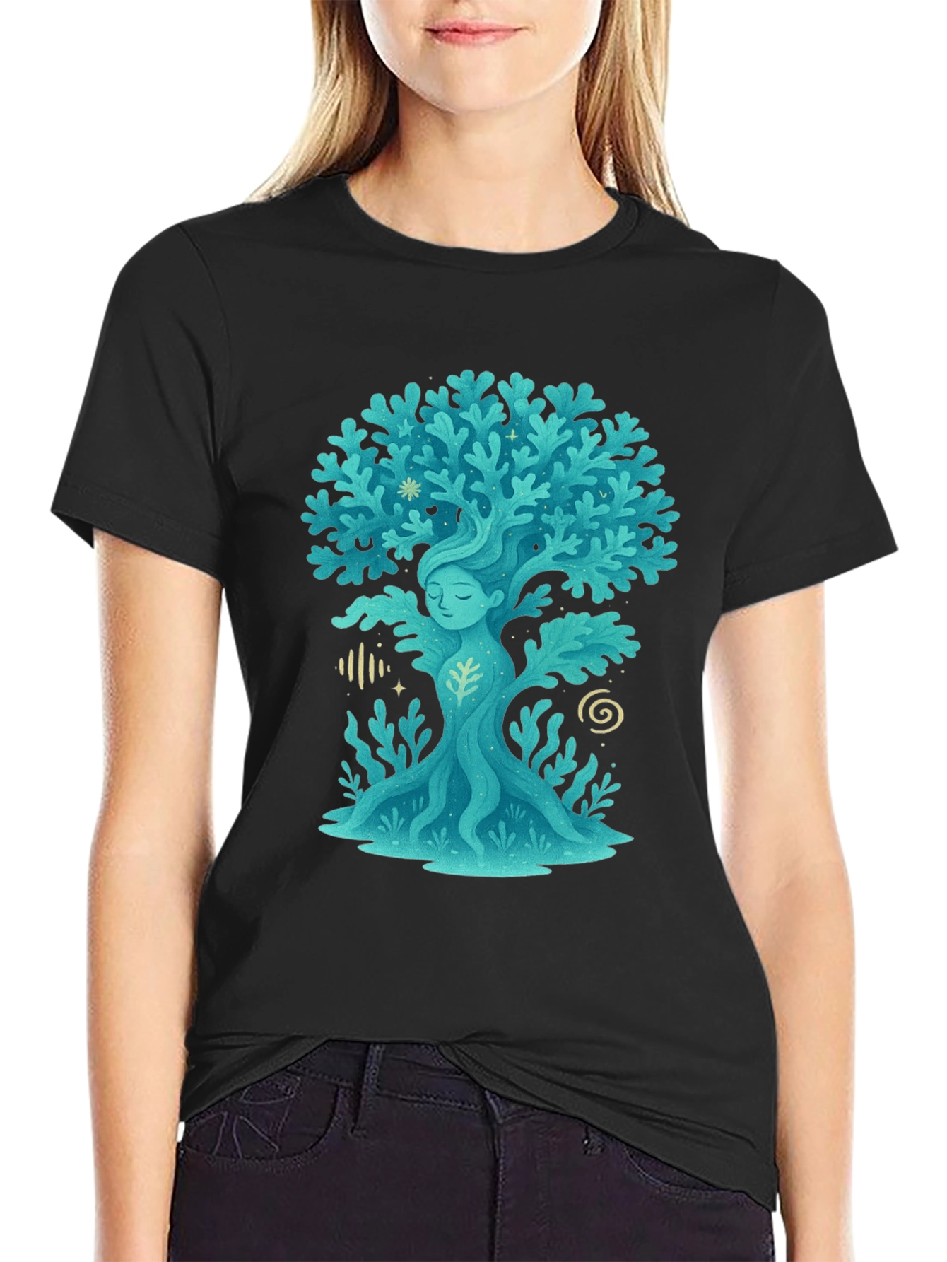 Nature Spirit Tree Graphic Tee - Black Cotton Shirt