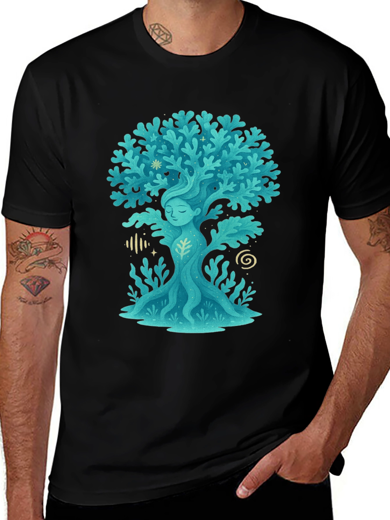 Nature Spirit Tree Graphic Tee - Black Cotton Shirt