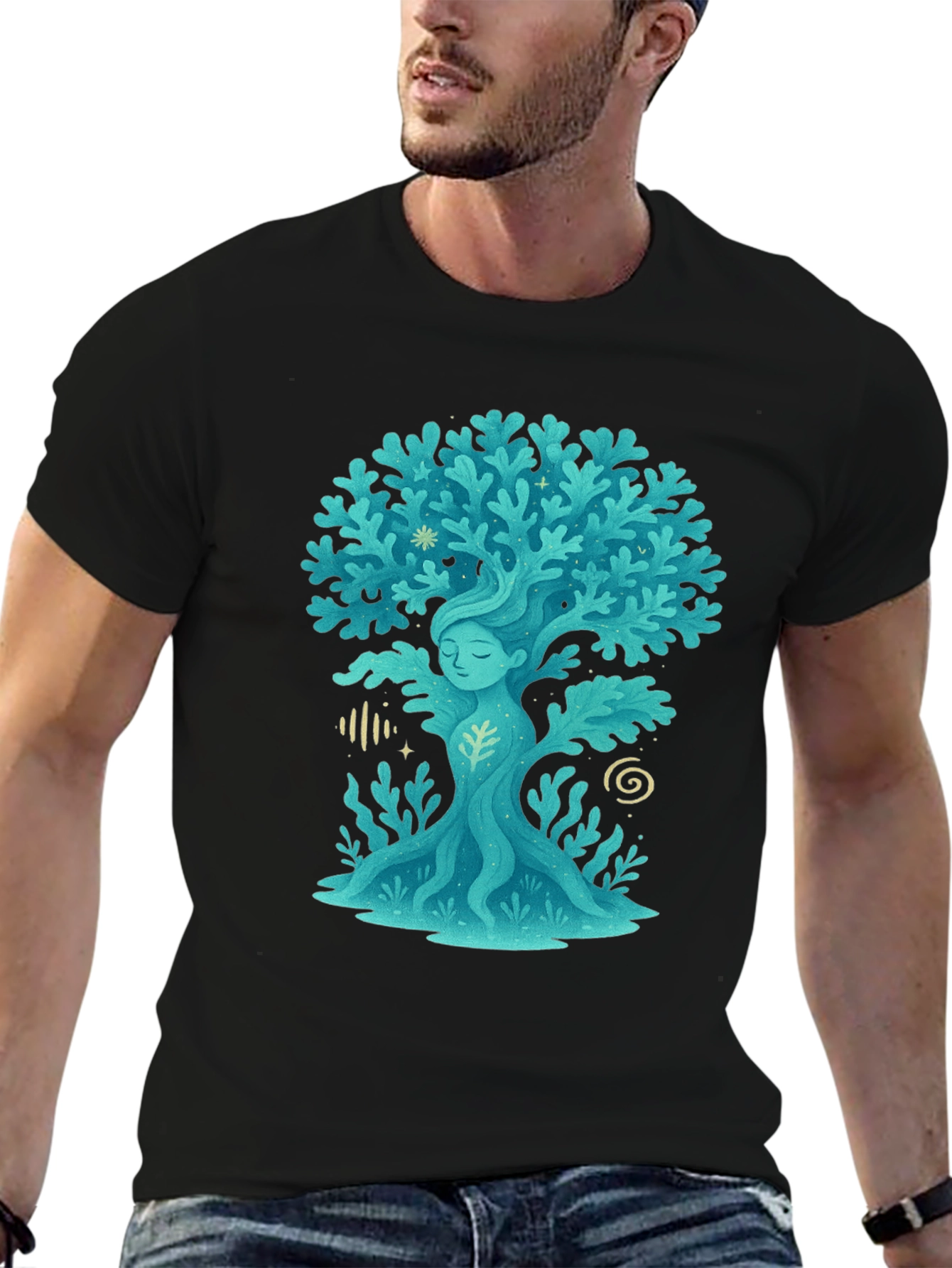 Nature Spirit Tree Graphic Tee - Black Cotton Shirt