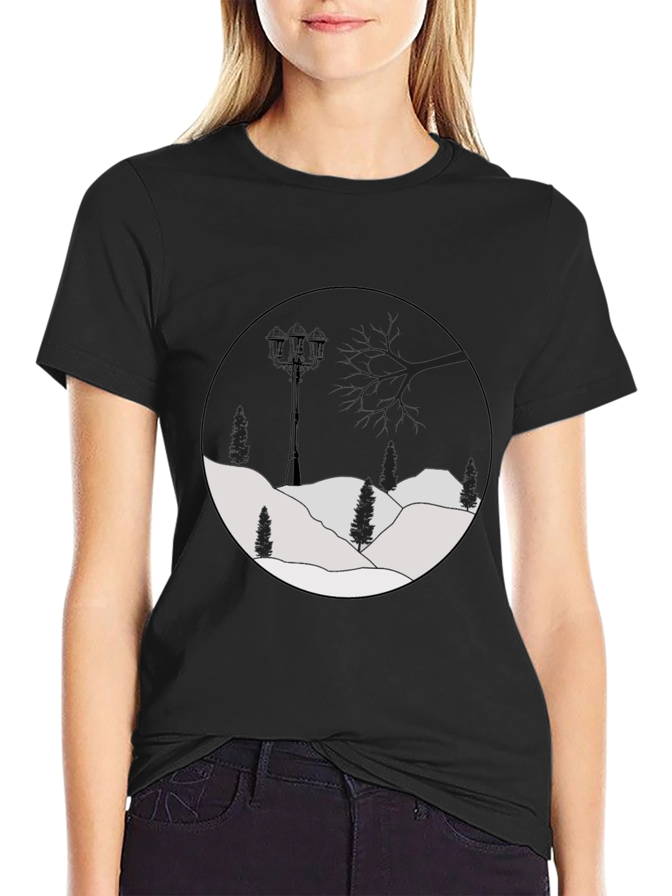 Mens Black Graphic Tee - Winter Landscape Design