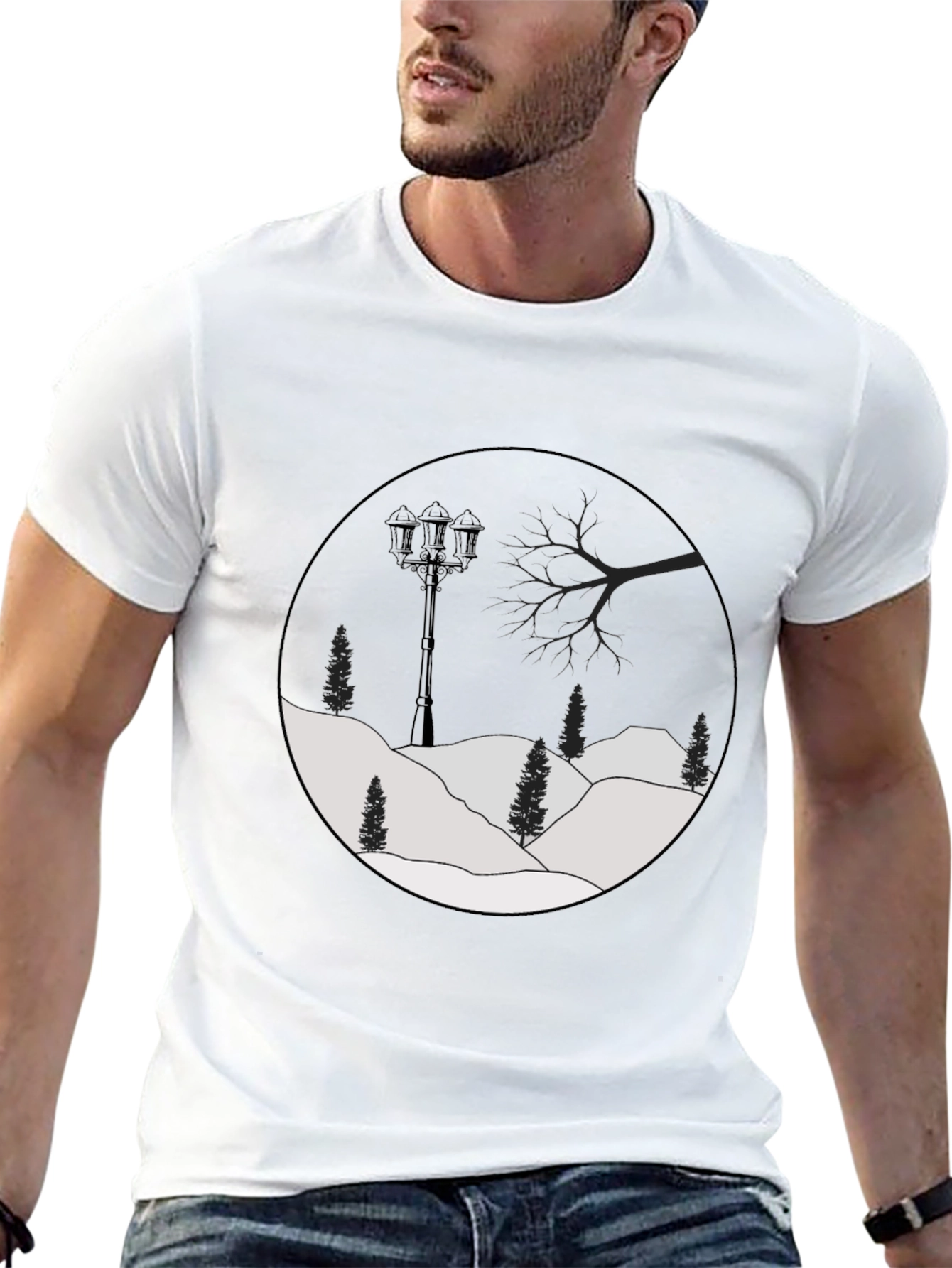 Mens Black Graphic Tee - Winter Landscape Design