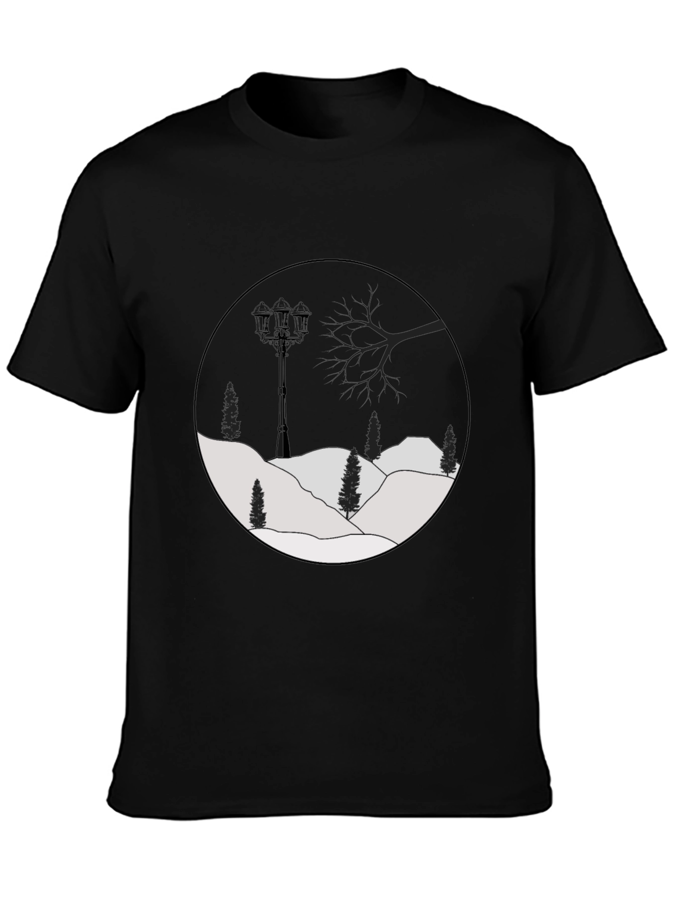 Mens Black Graphic Tee - Winter Landscape Design