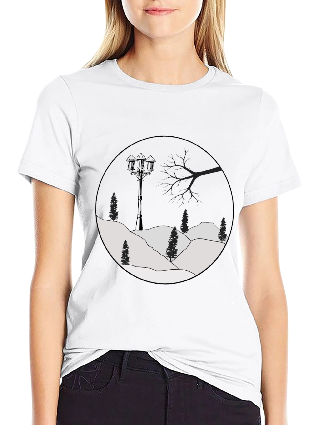 Mens Black Graphic Tee - Winter Landscape Design