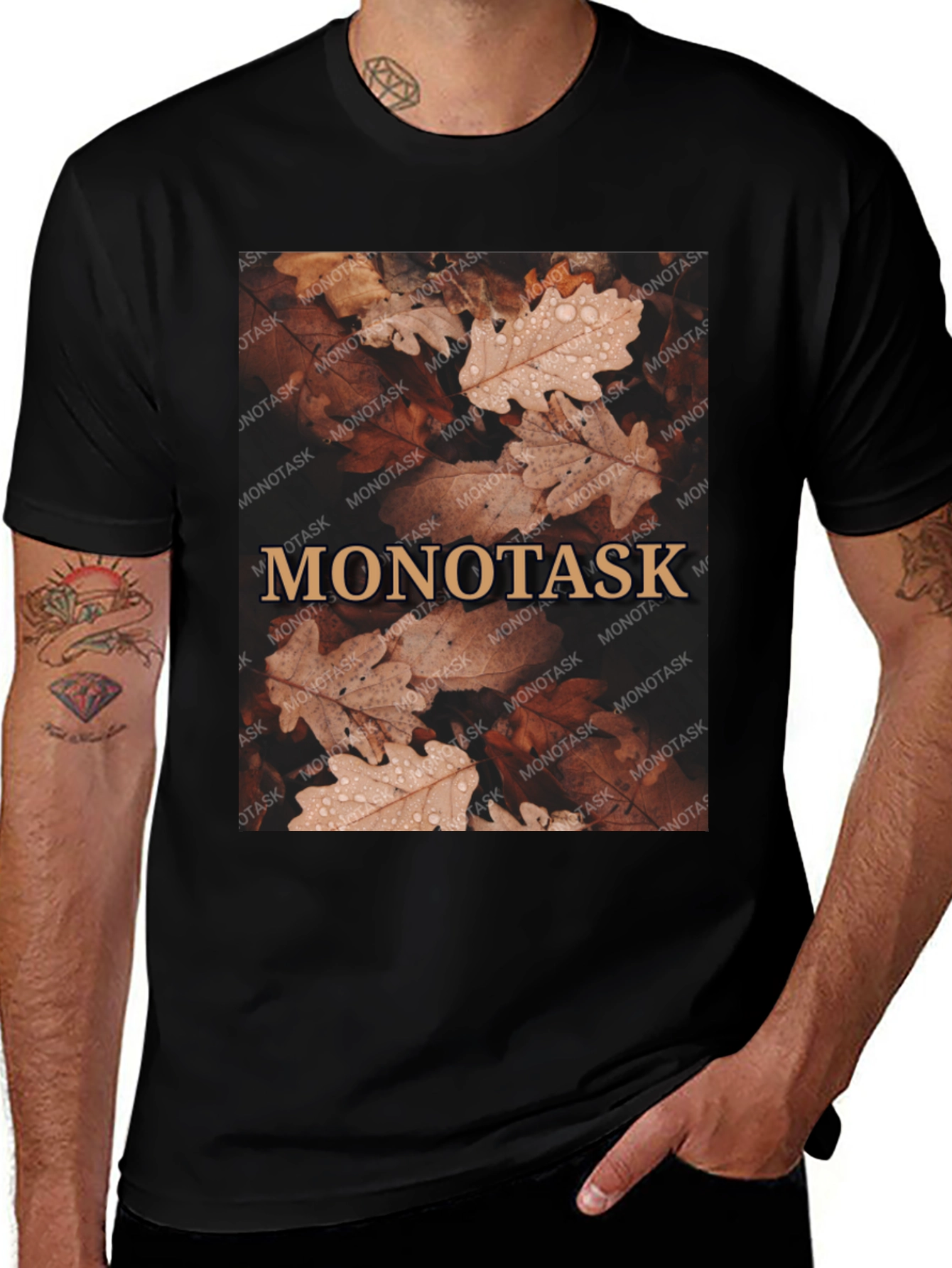 Monotask Autumn Leaves Graphic Tee - Black
