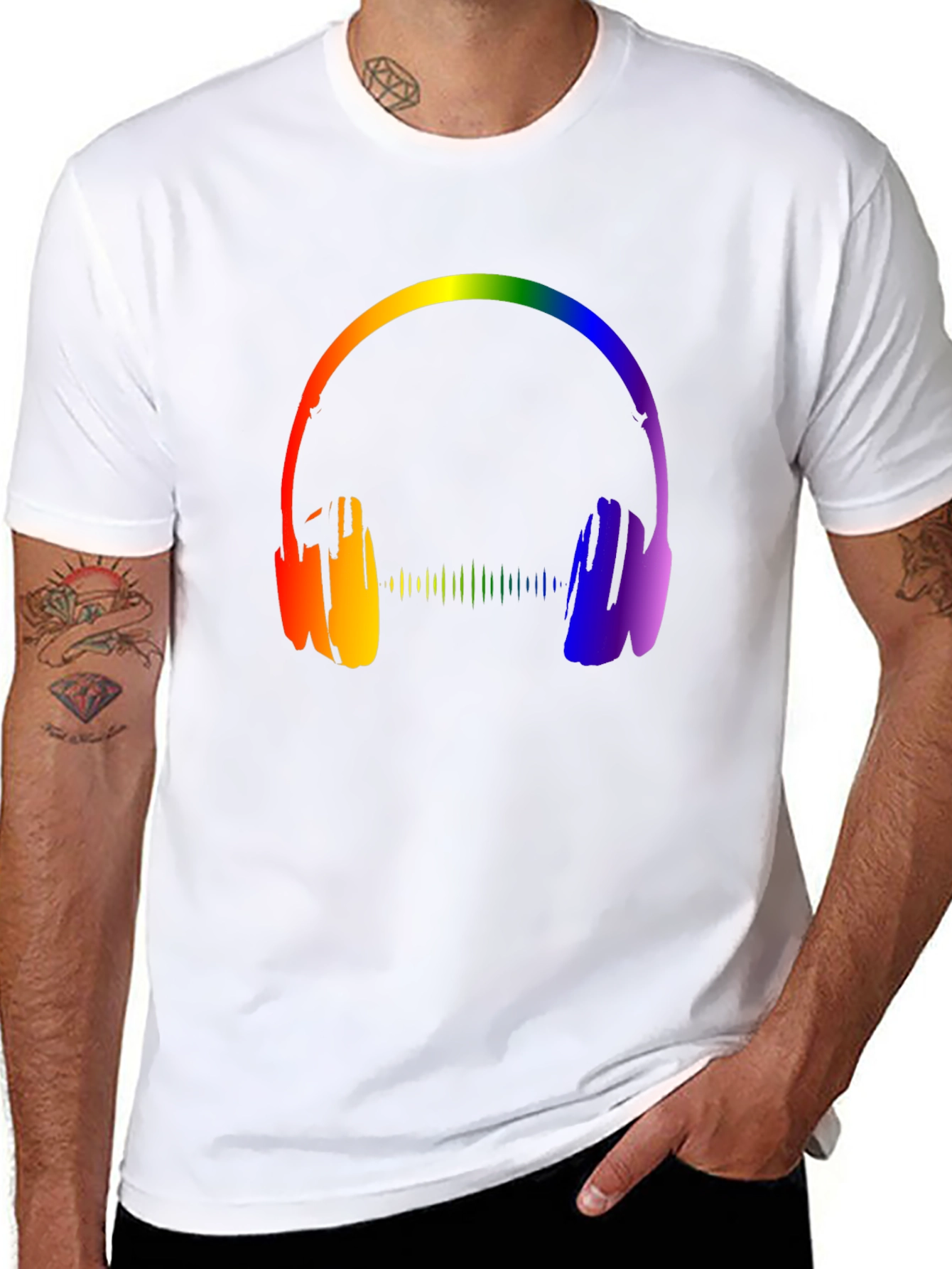 Rainbow Headphones Graphic Black T-Shirt