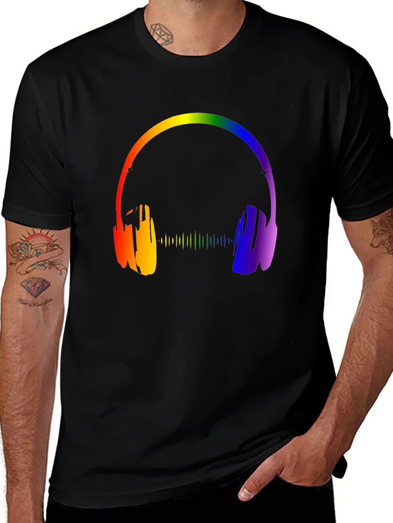 Rainbow Headphones Graphic Black T-Shirt