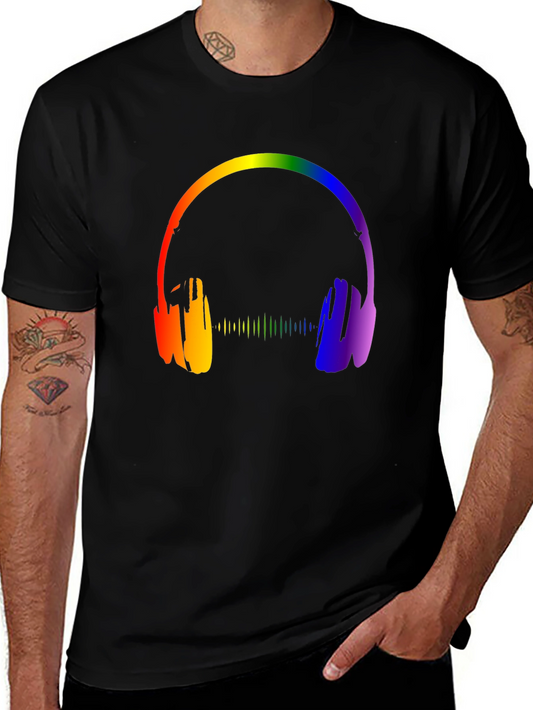 Rainbow Headphones Graphic Black T-Shirt
