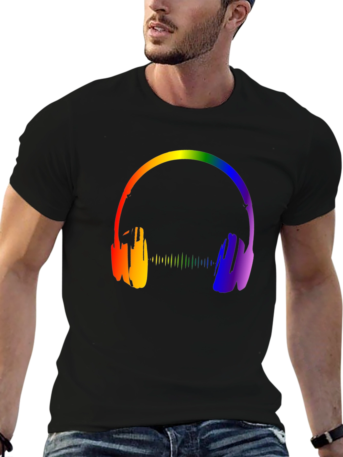 Rainbow Headphones Graphic Black T-Shirt
