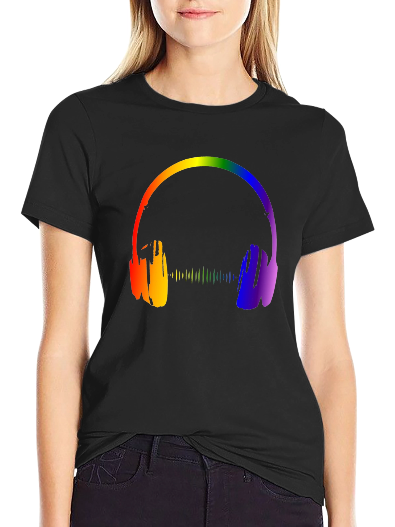 Rainbow Headphones Graphic Black T-Shirt