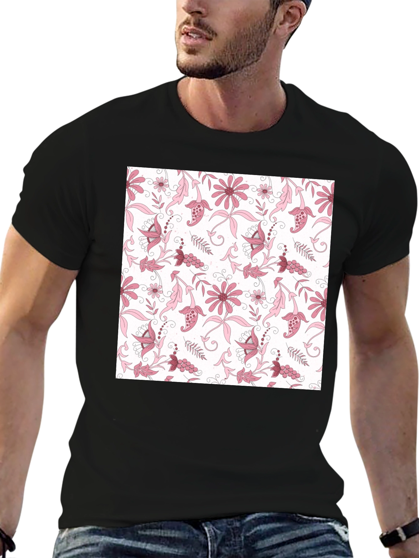 Floral Print Black Cotton T-Shirt