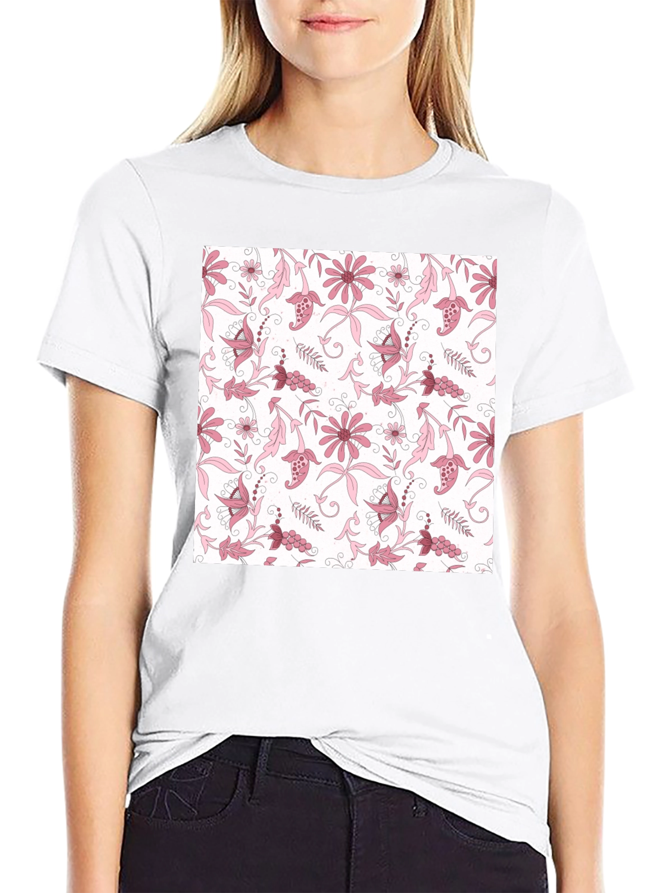 Floral Print Black Cotton T-Shirt