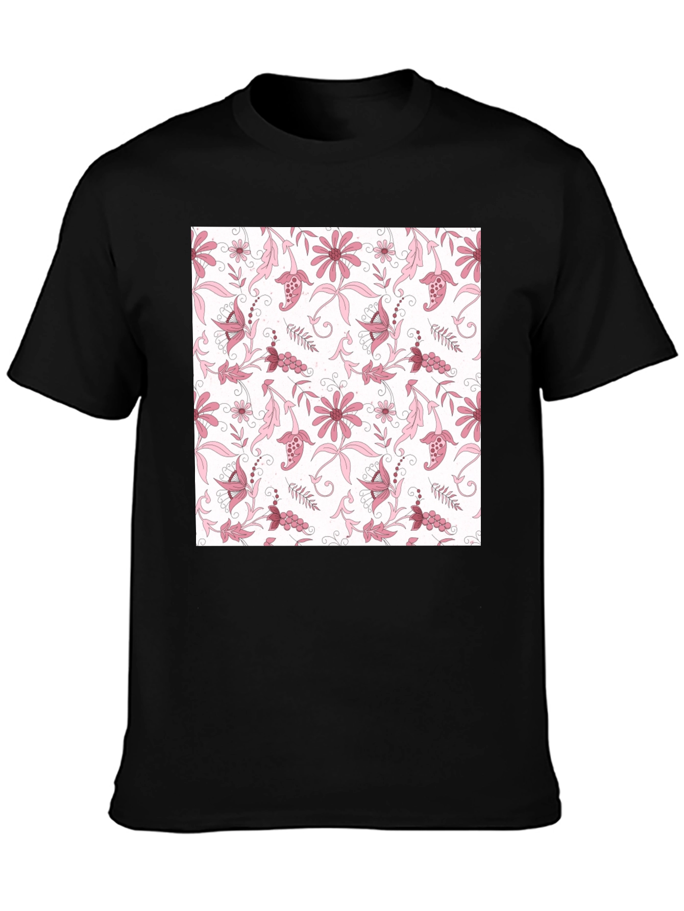 Floral Print Black Cotton T-Shirt