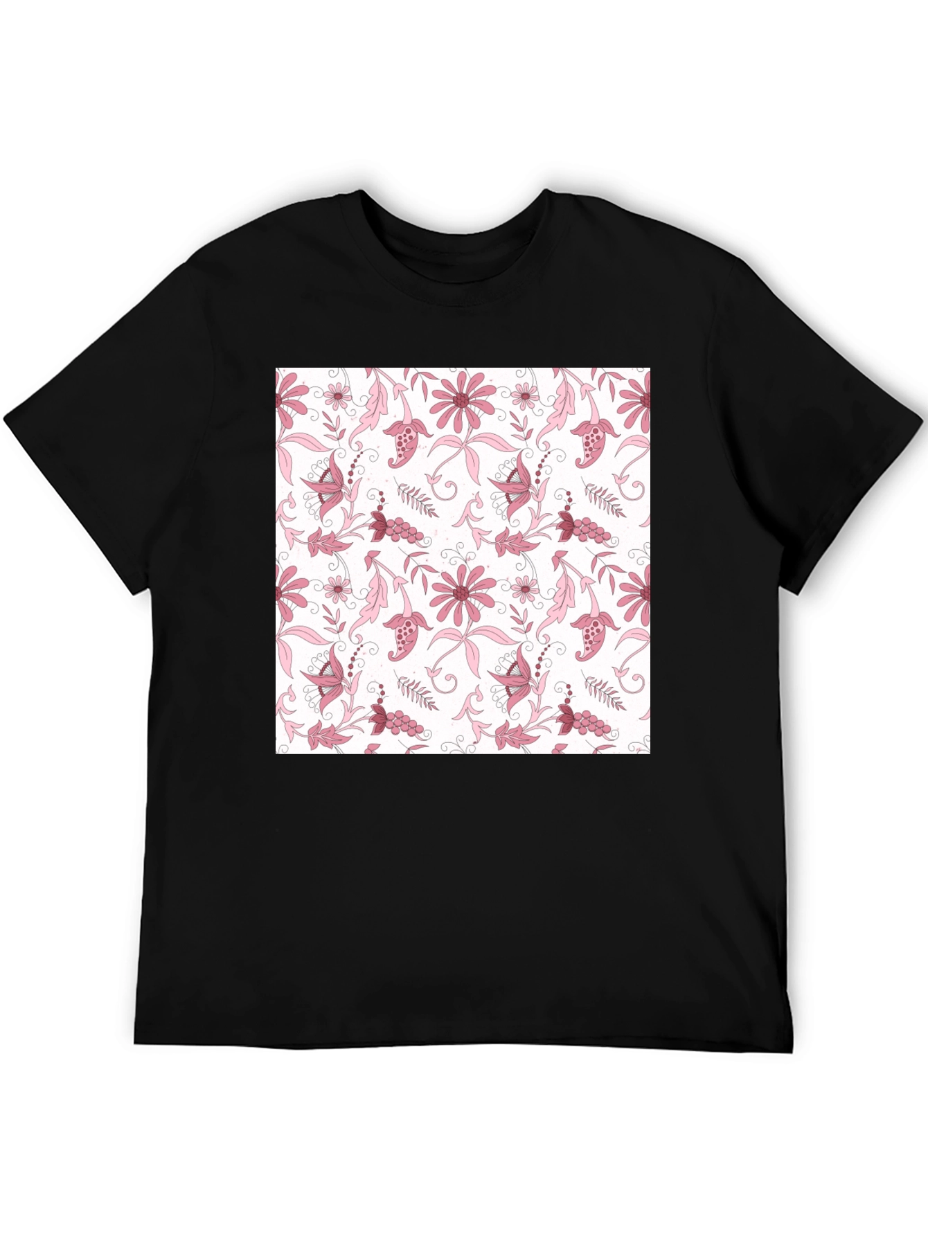 Floral Print Black Cotton T-Shirt