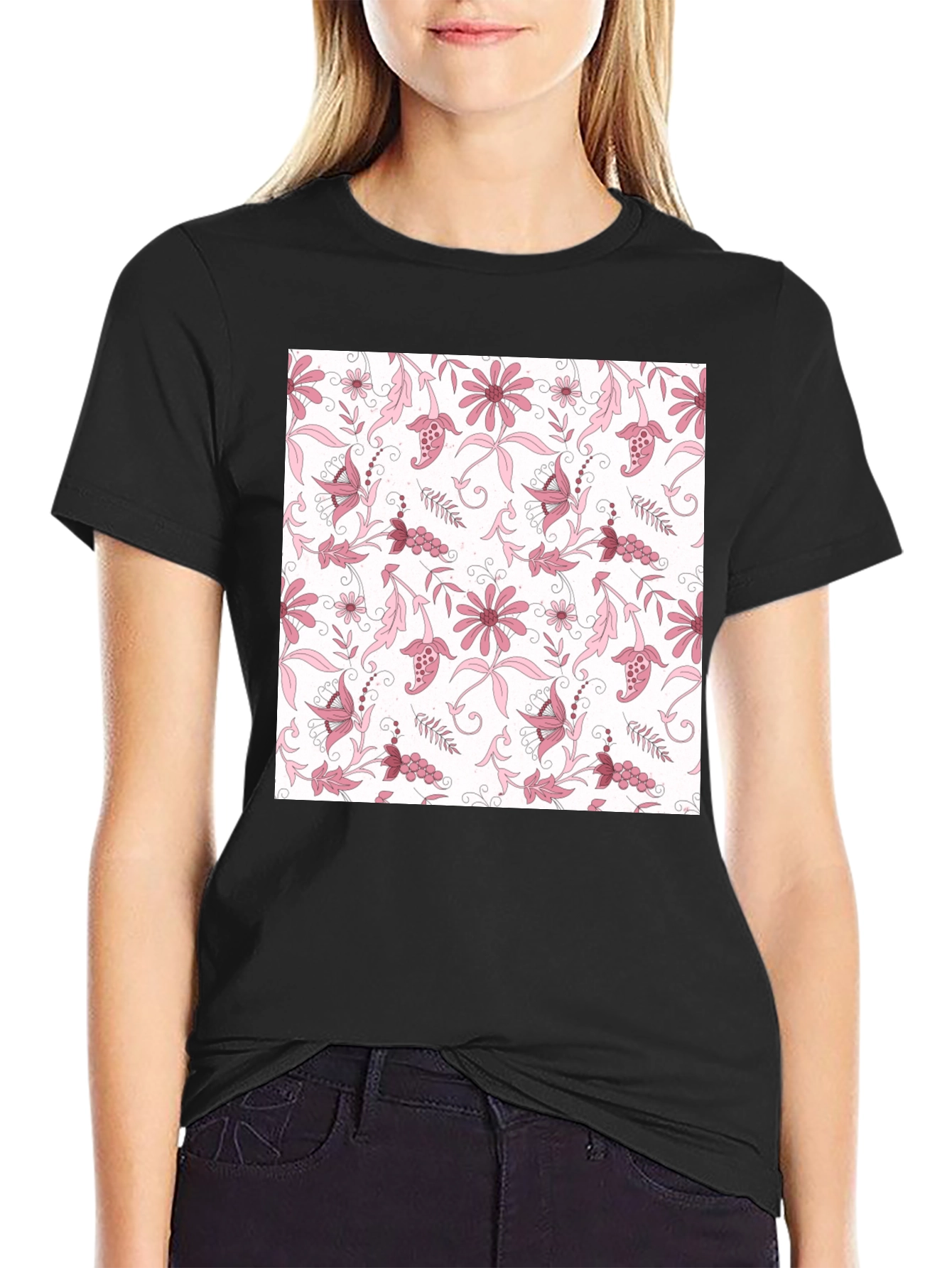 Floral Print Black Cotton T-Shirt