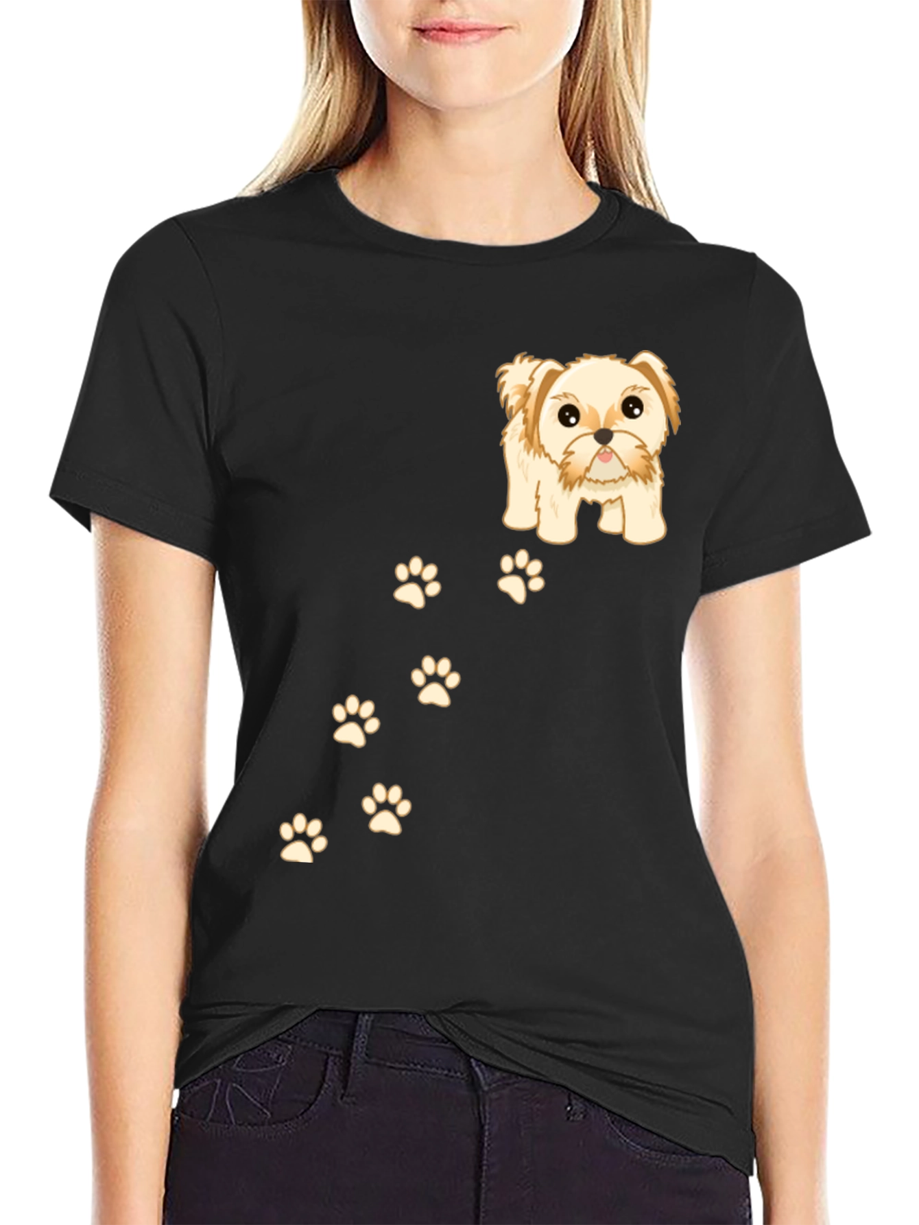 Cute Dog & Paw Print T-Shirt - Black