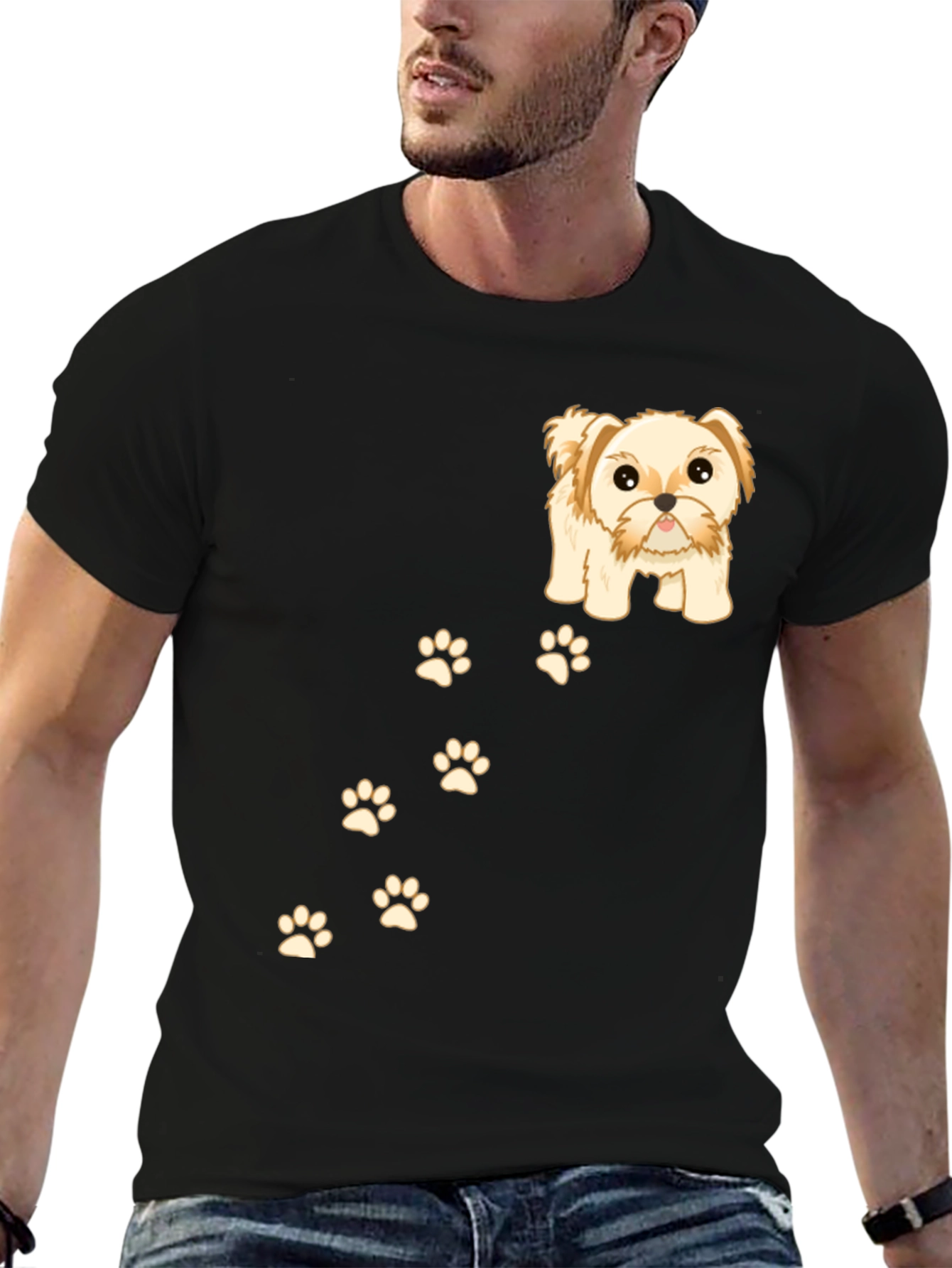 Cute Dog & Paw Print T-Shirt - Black