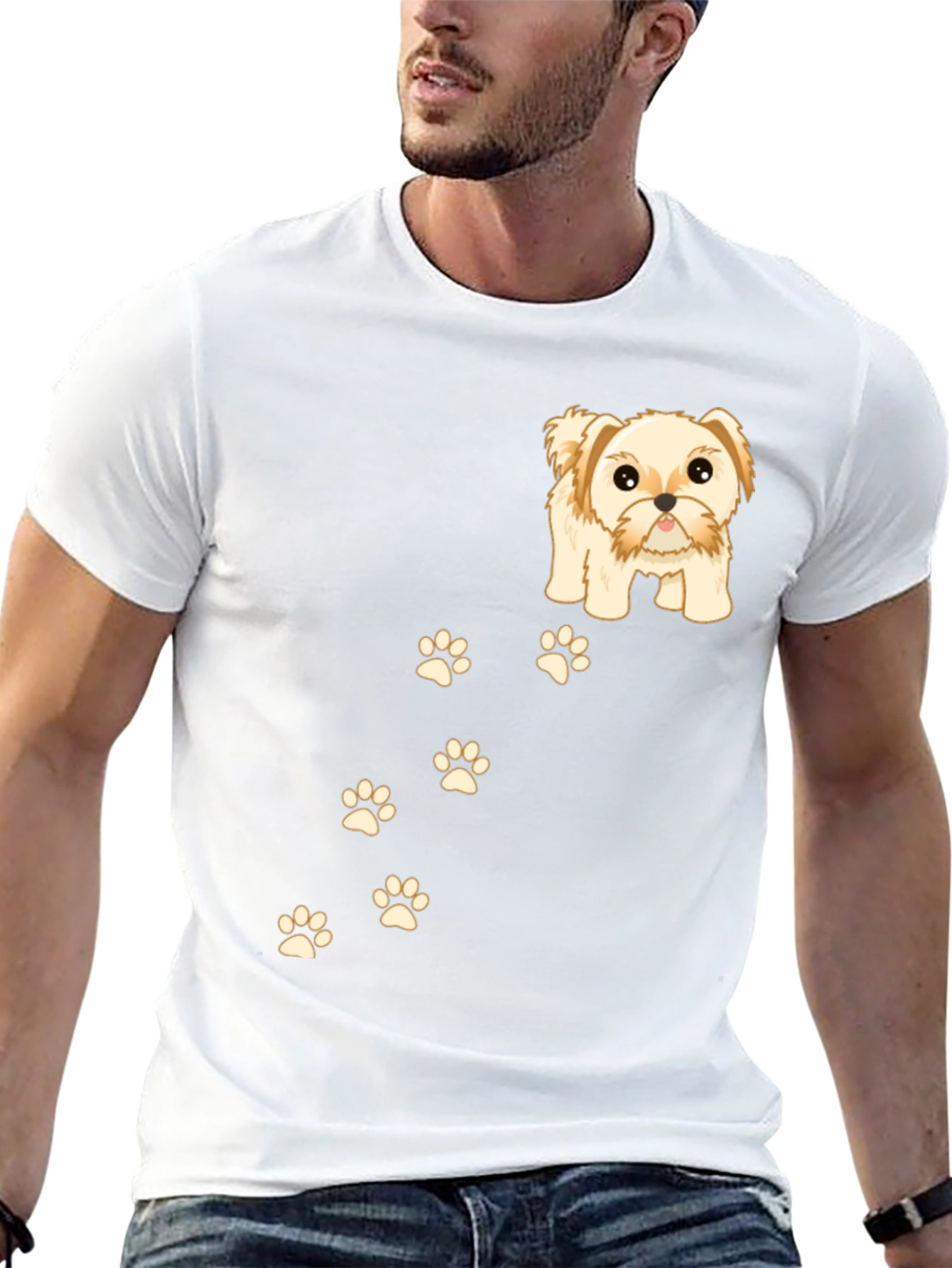 Cute Dog & Paw Print T-Shirt - Black