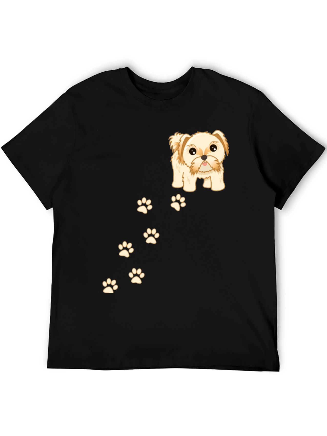 Cute Dog & Paw Print T-Shirt - Black
