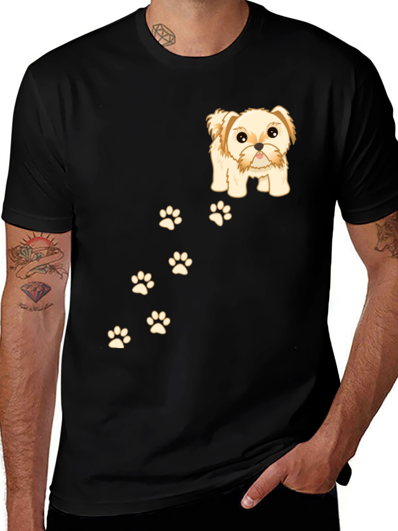 Cute Dog & Paw Print T-Shirt - Black