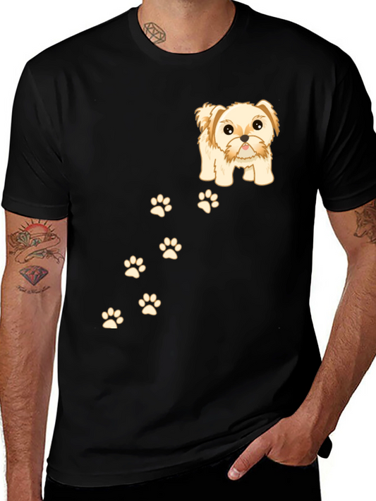 Cute Dog & Paw Print T-Shirt - Black