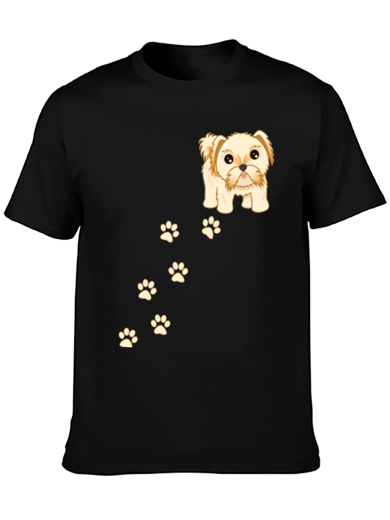 Cute Dog & Paw Print T-Shirt - Black