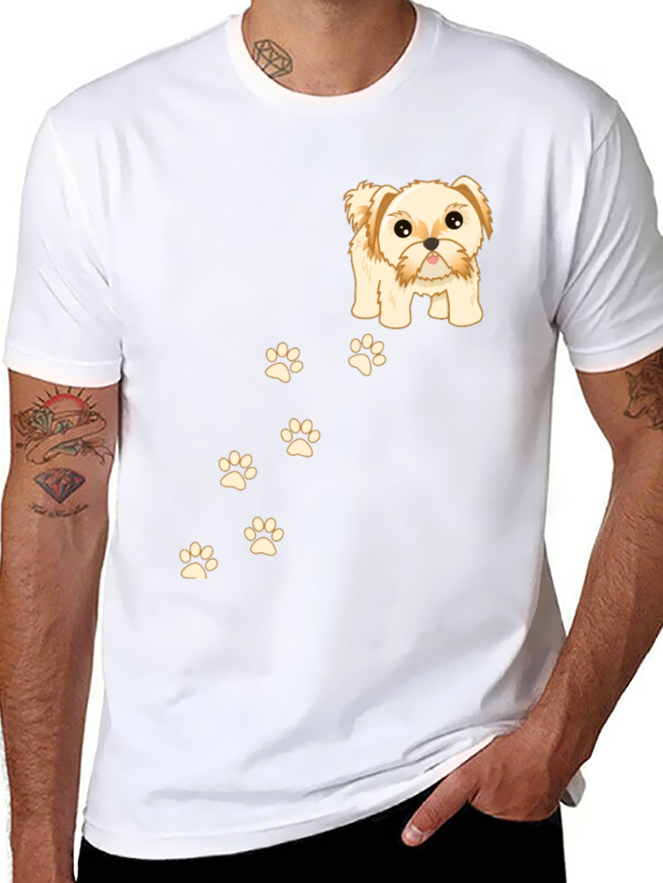 Cute Dog & Paw Print T-Shirt - Black