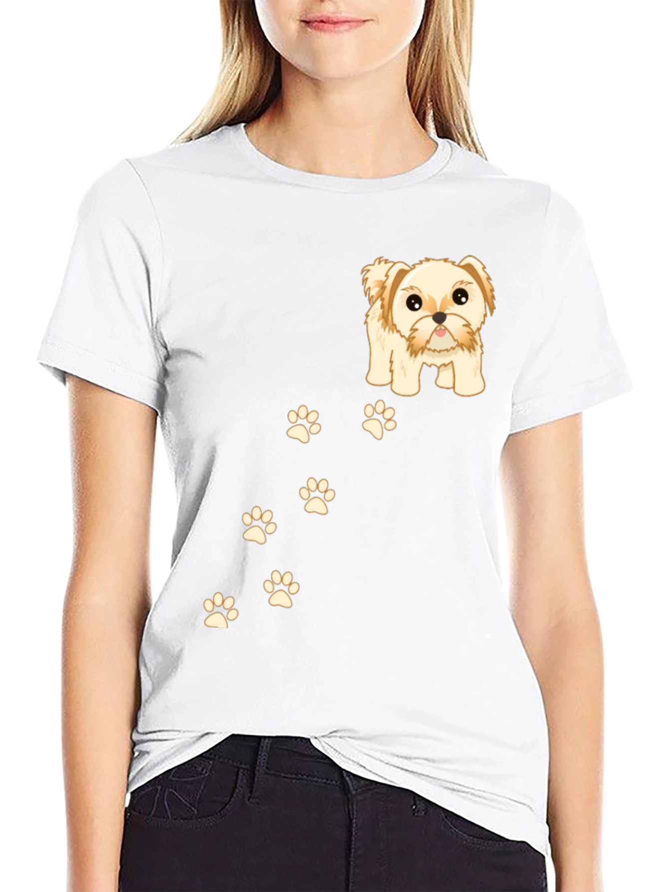 Cute Dog & Paw Print T-Shirt - Black