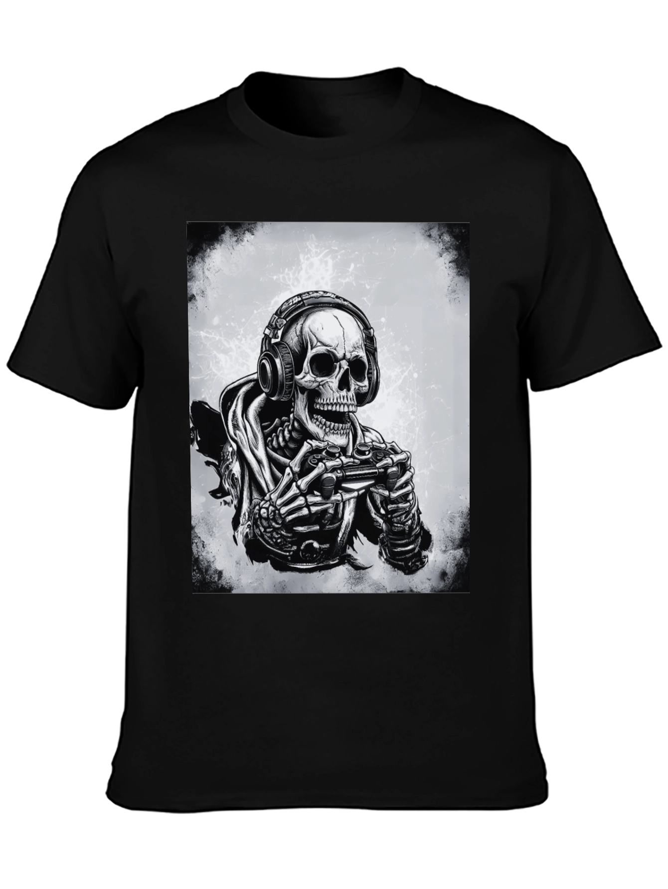 Gamer Skeleton Graphic Tee - Black Cotton T-Shirt