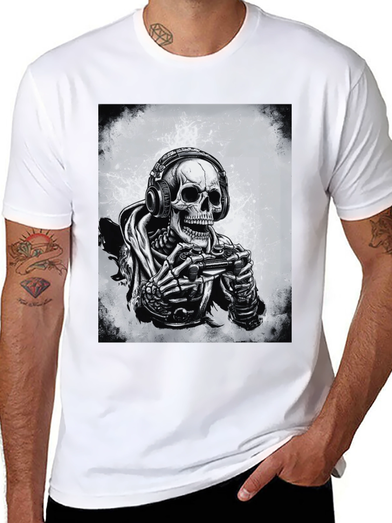 Gamer Skeleton Graphic Tee - Black Cotton T-Shirt