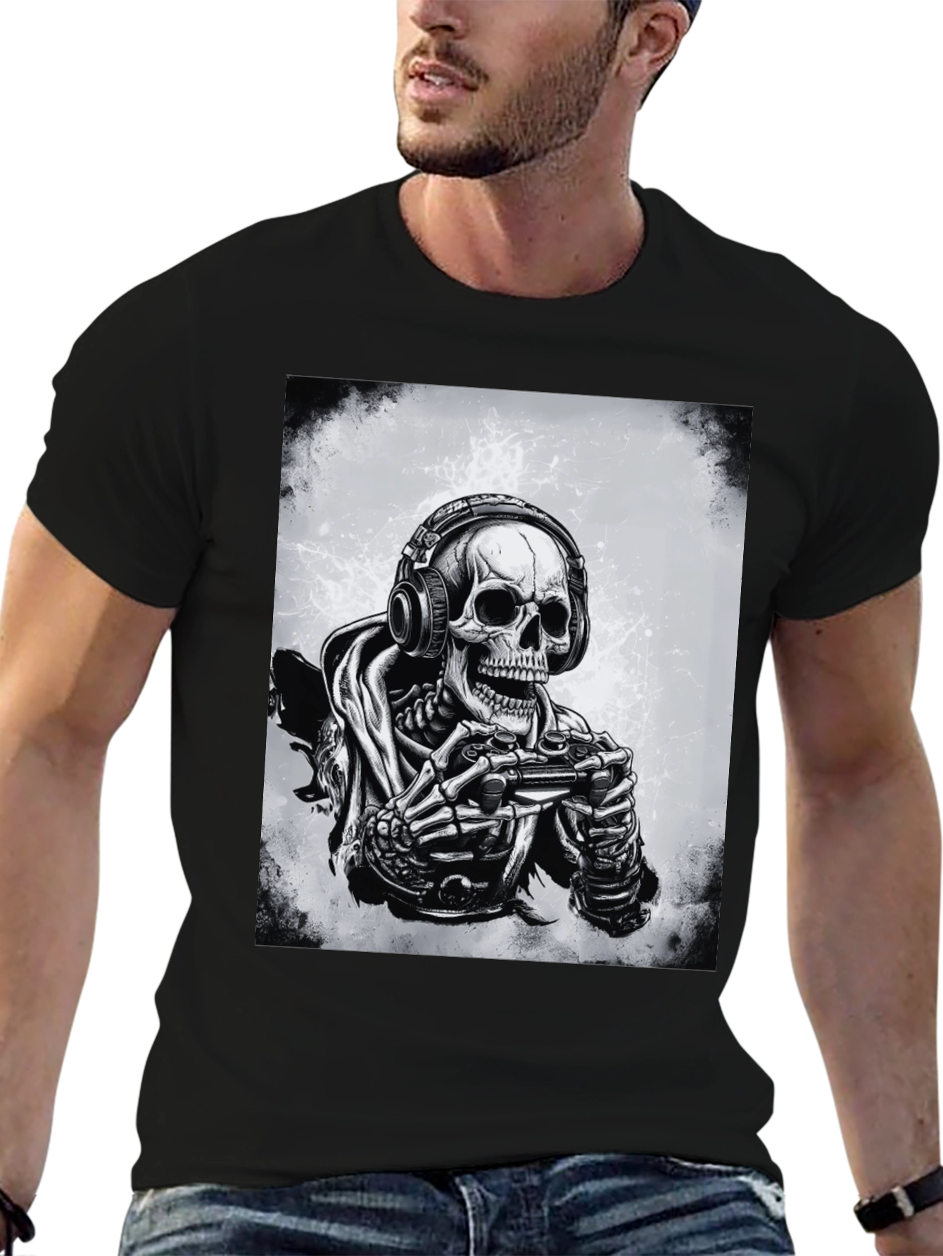 Gamer Skeleton Graphic Tee - Black Cotton T-Shirt