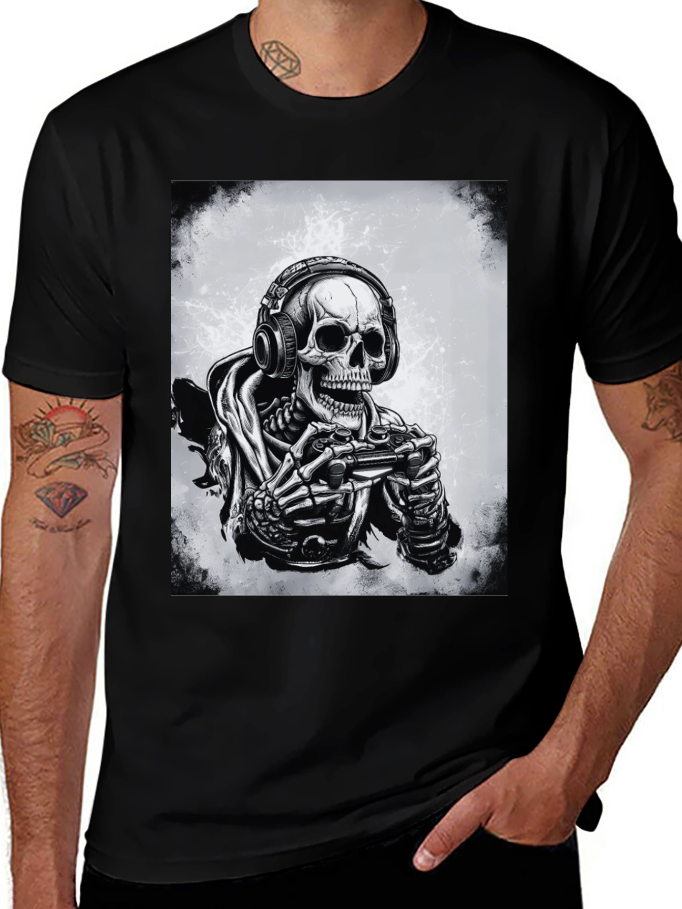 Gamer Skeleton Graphic Tee - Black Cotton T-Shirt
