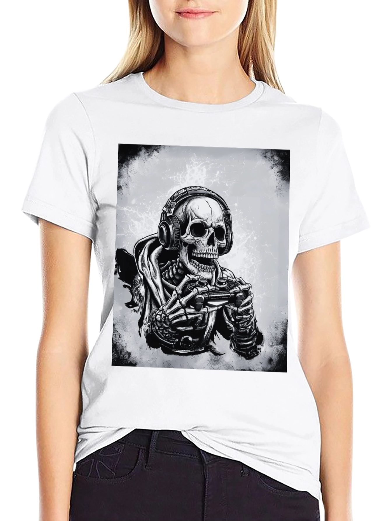 Gamer Skeleton Graphic Tee - Black Cotton T-Shirt