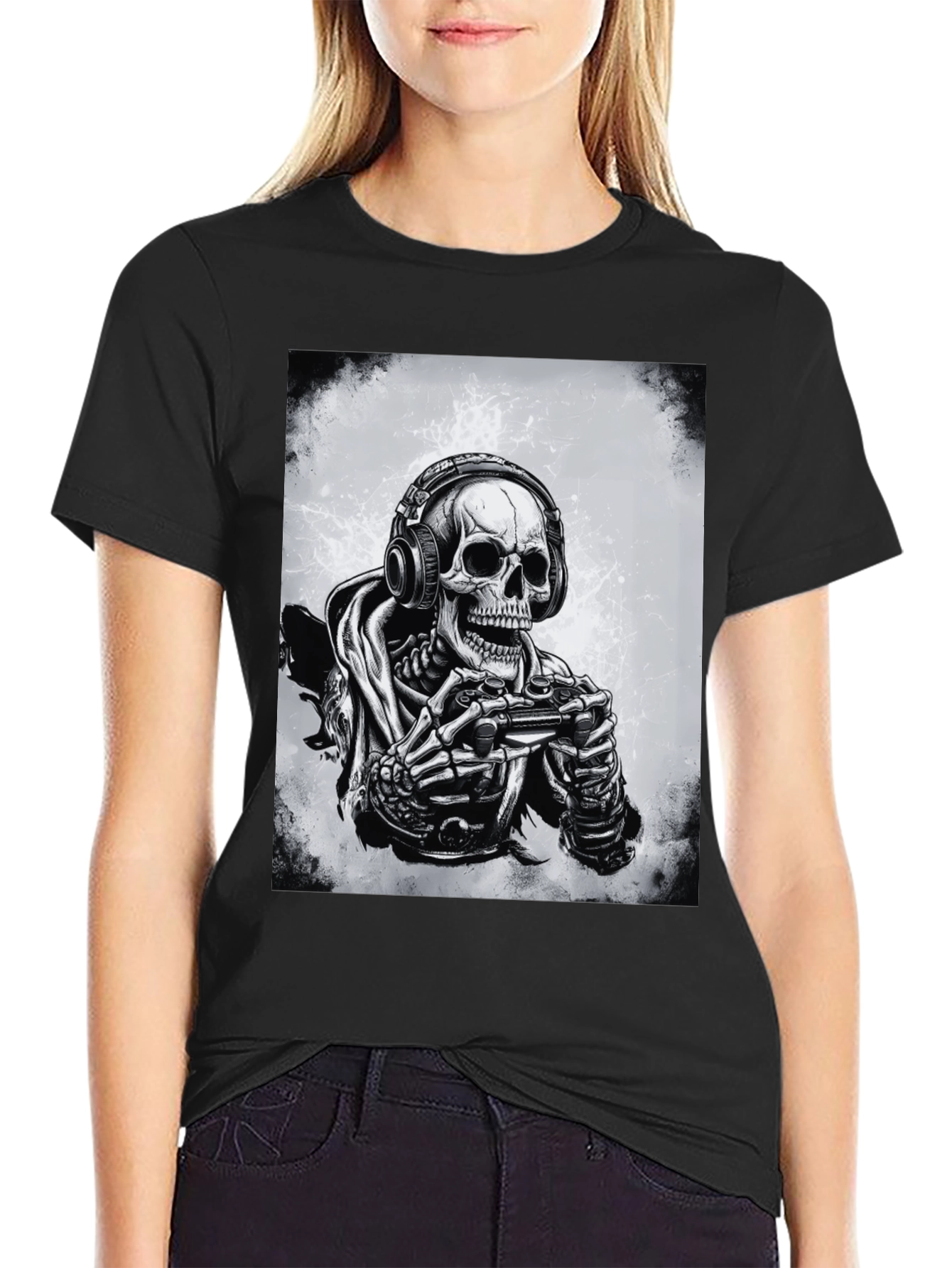 Gamer Skeleton Graphic Tee - Black Cotton T-Shirt