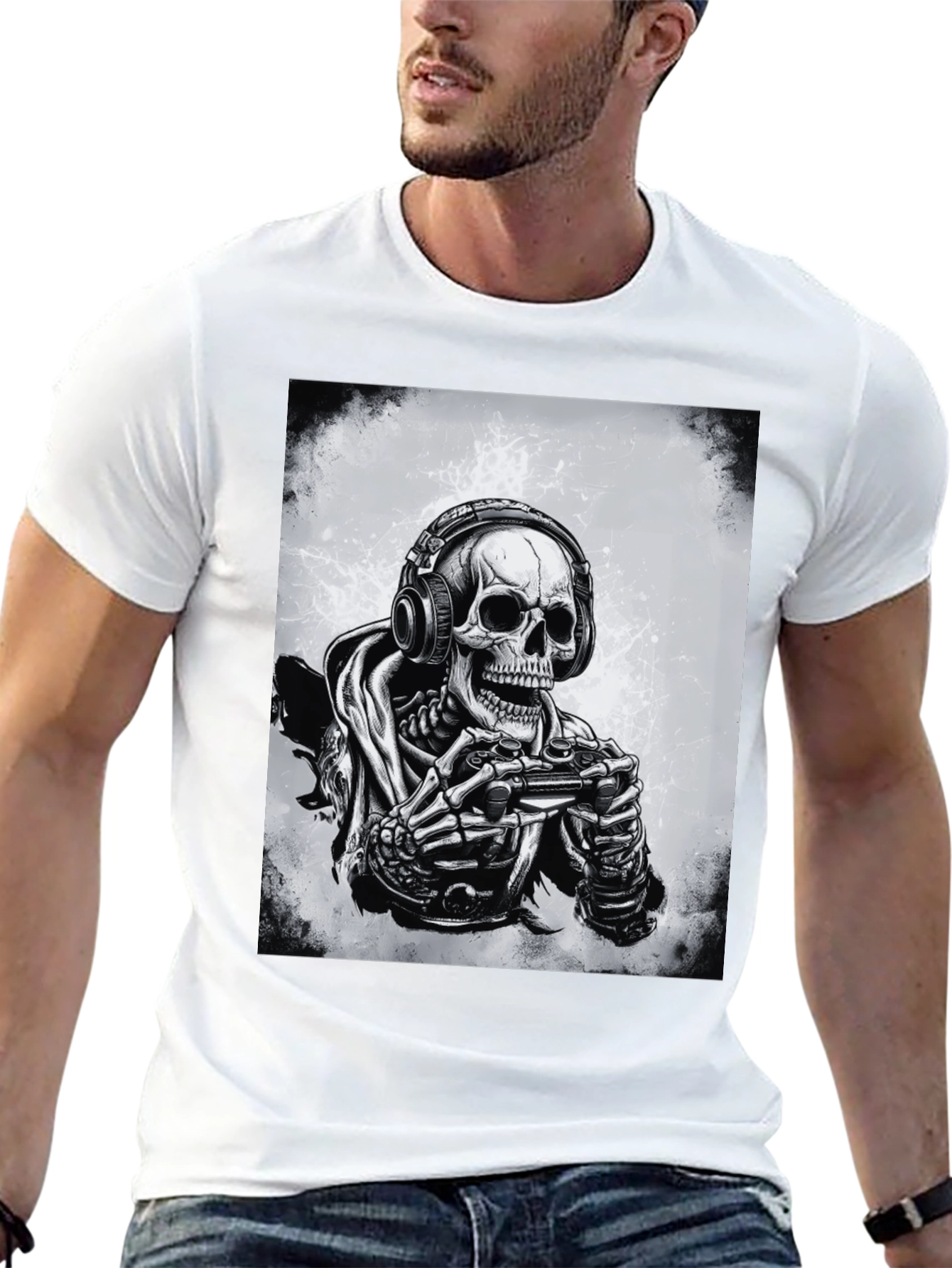 Gamer Skeleton Graphic Tee - Black Cotton T-Shirt