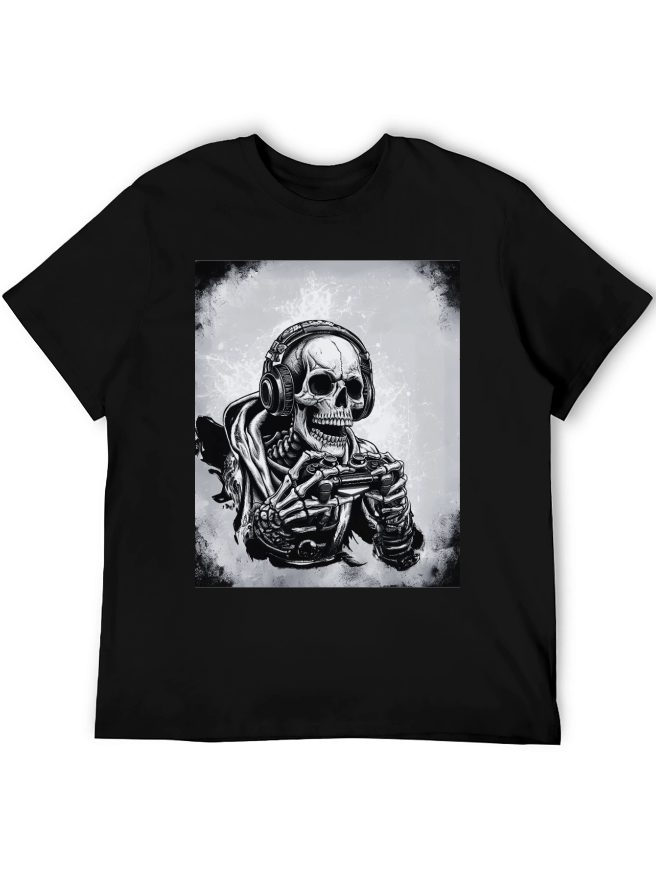 Gamer Skeleton Graphic Tee - Black Cotton T-Shirt