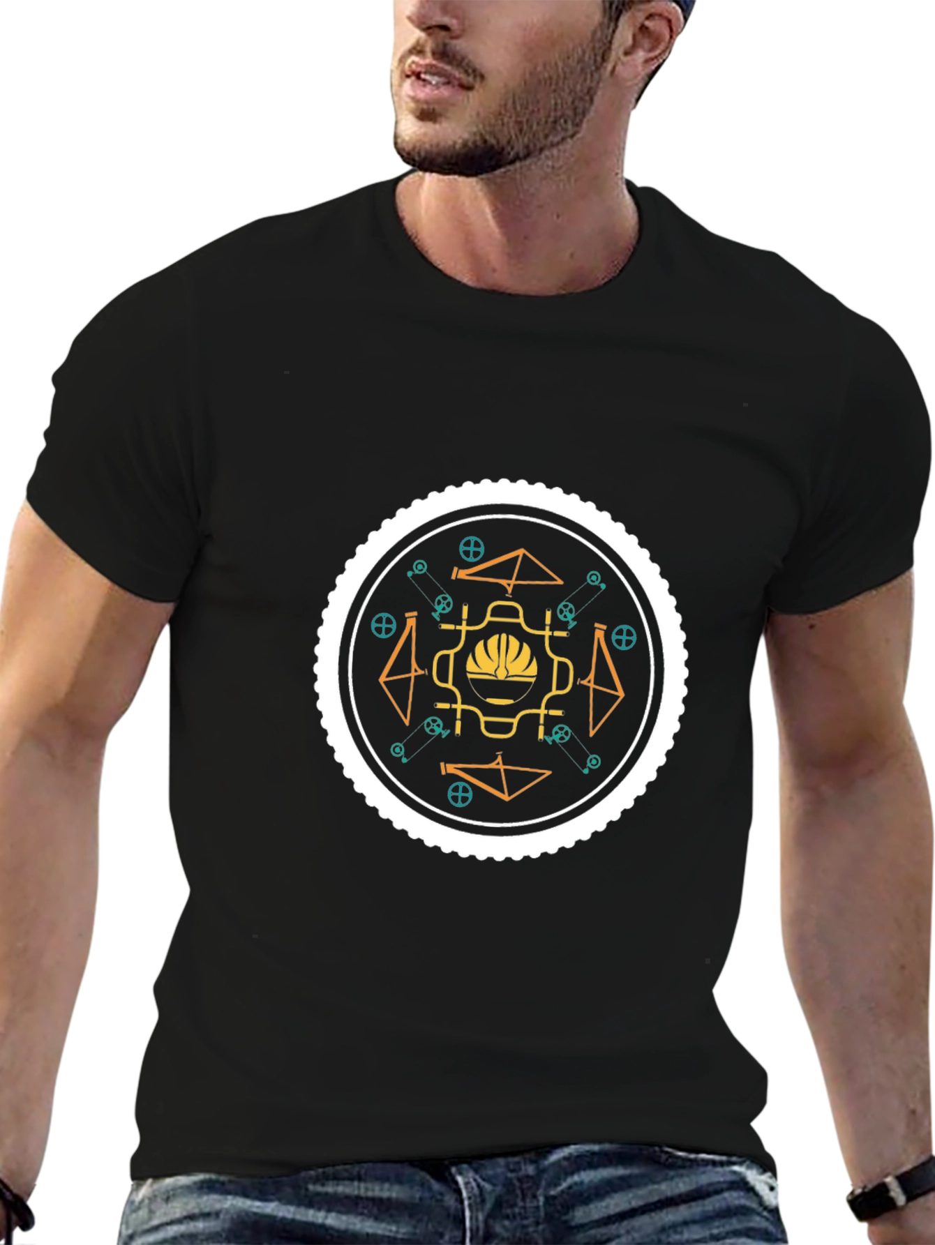 Geometric Bike Graphic Tee - Stylish Black Cotton T-Shirt