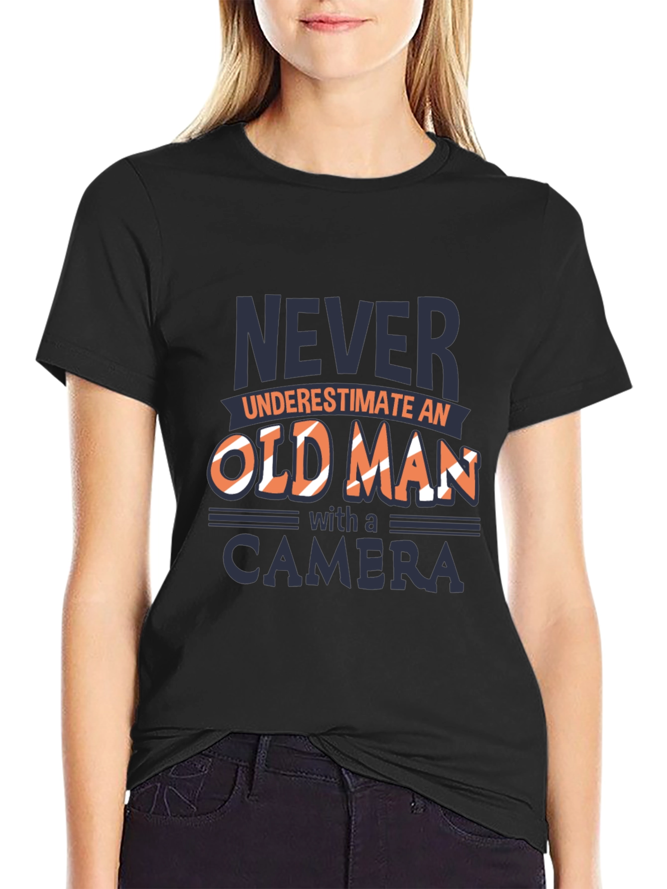Never Underestimate Old Man Camera Black T-Shirt