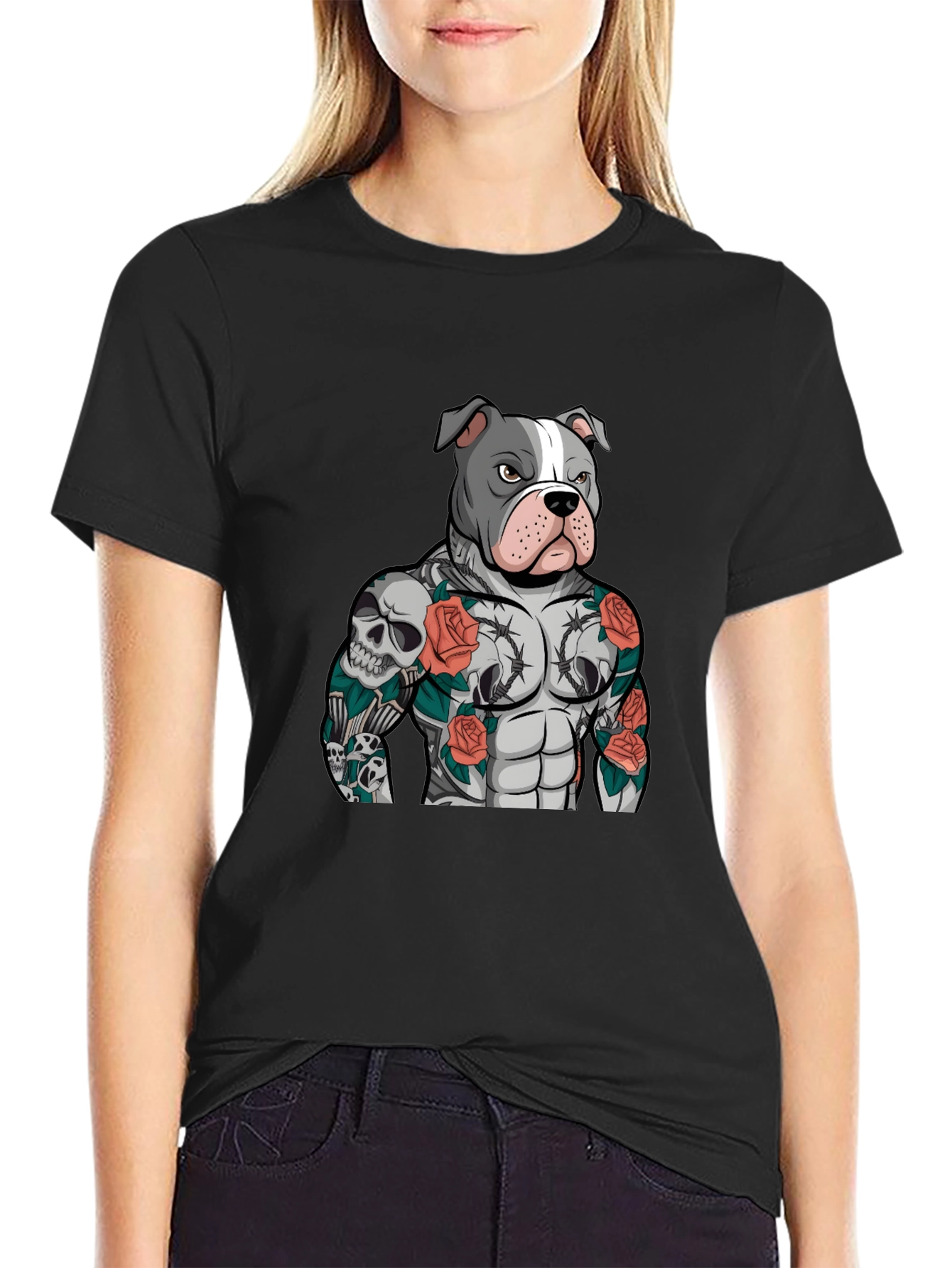 Pitbull Tattoo Art Black T-Shirt