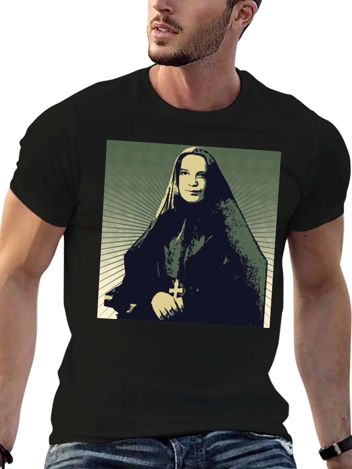 Nun Portrait Graphic T-Shirt - Black