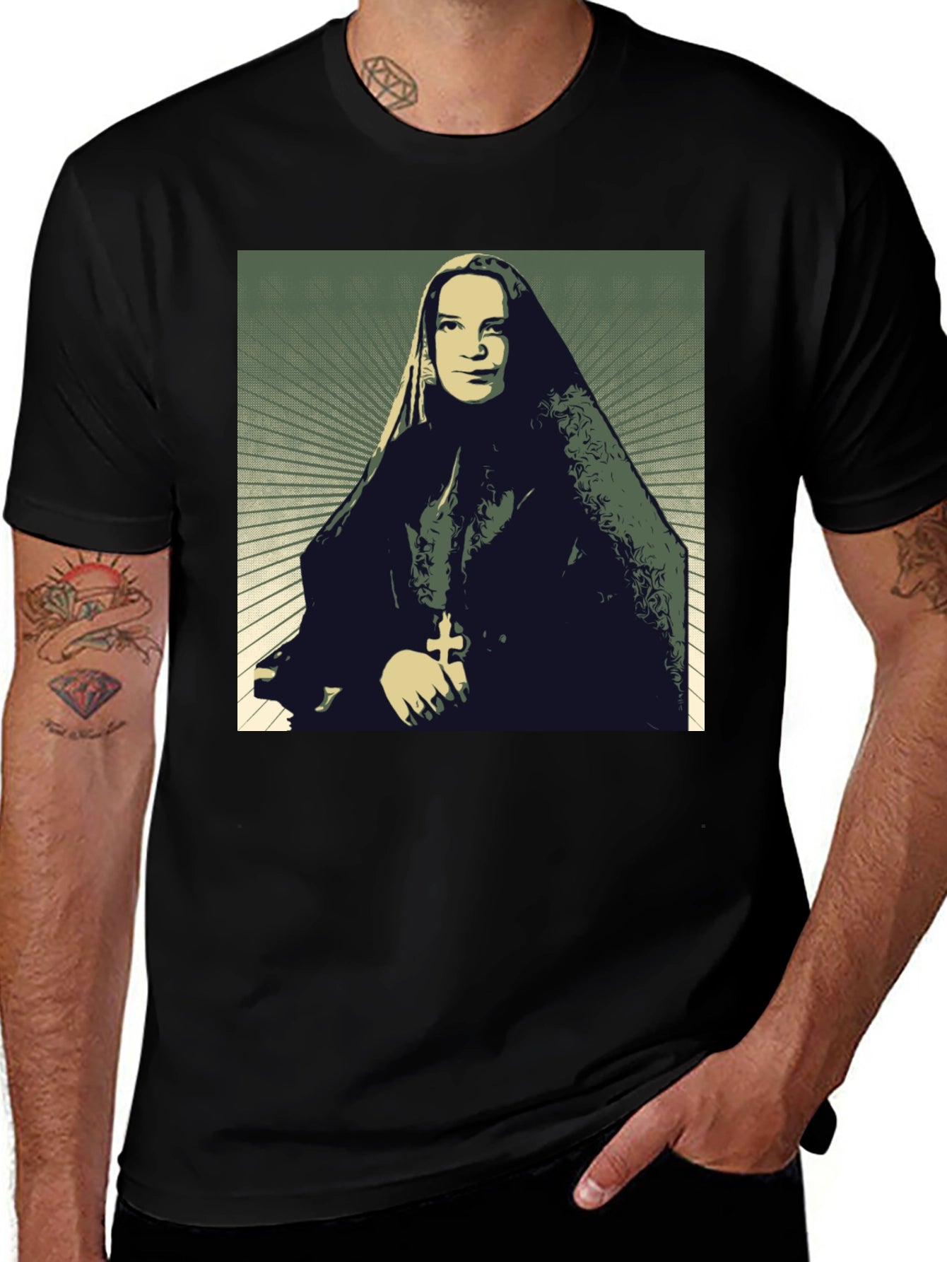 Nun Portrait Graphic T-Shirt - Black
