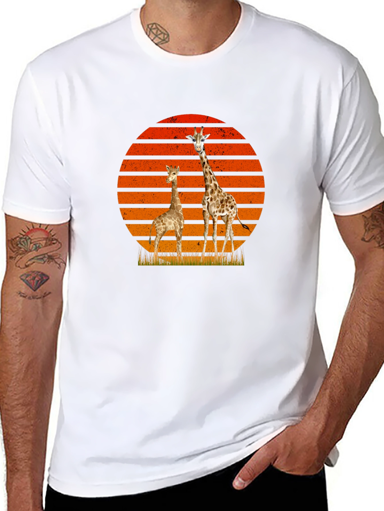 Giraffe Sunset Graphic Tee - Black Cotton T-Shirt