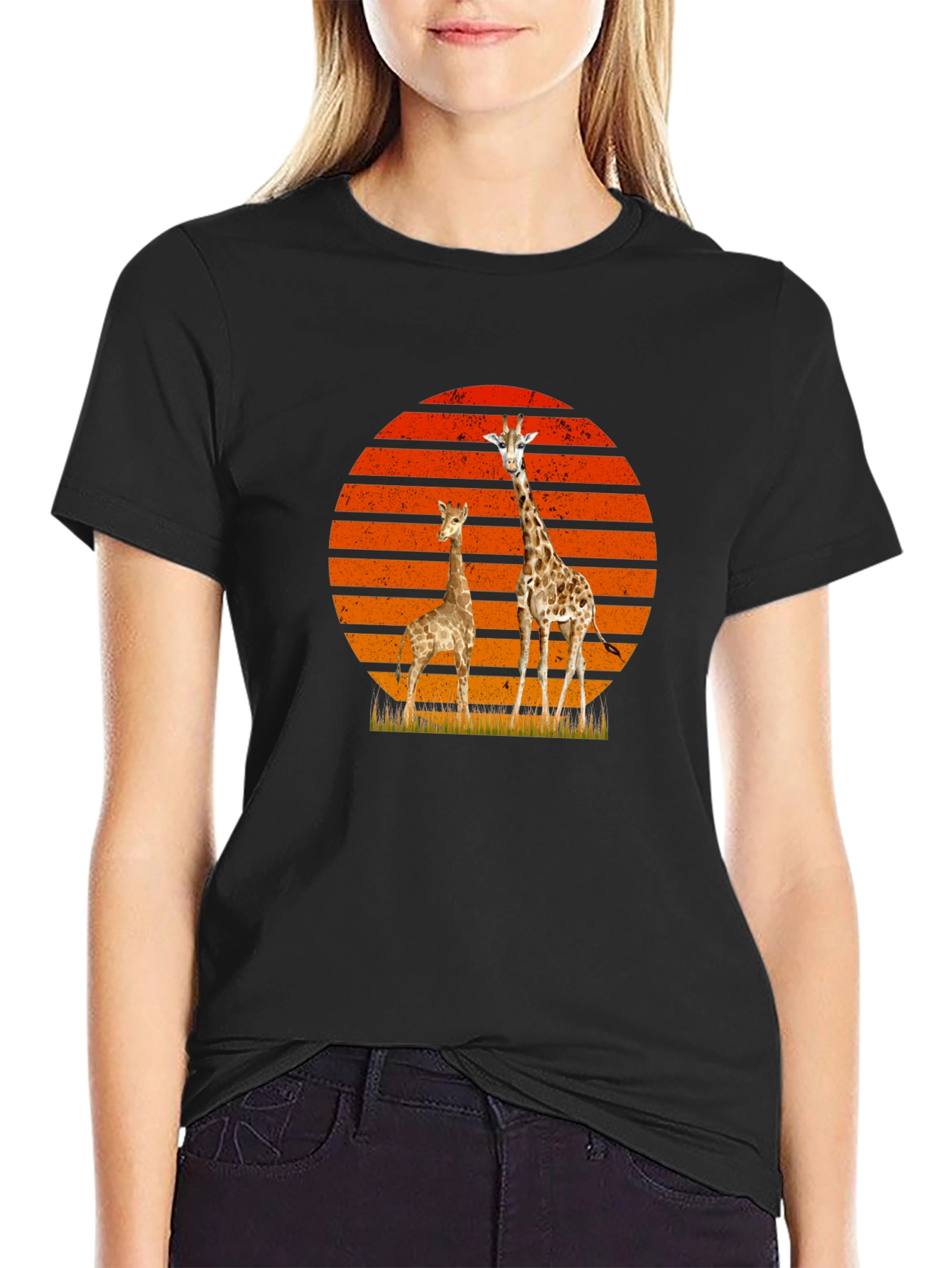 Giraffe Sunset Graphic Tee - Black Cotton T-Shirt