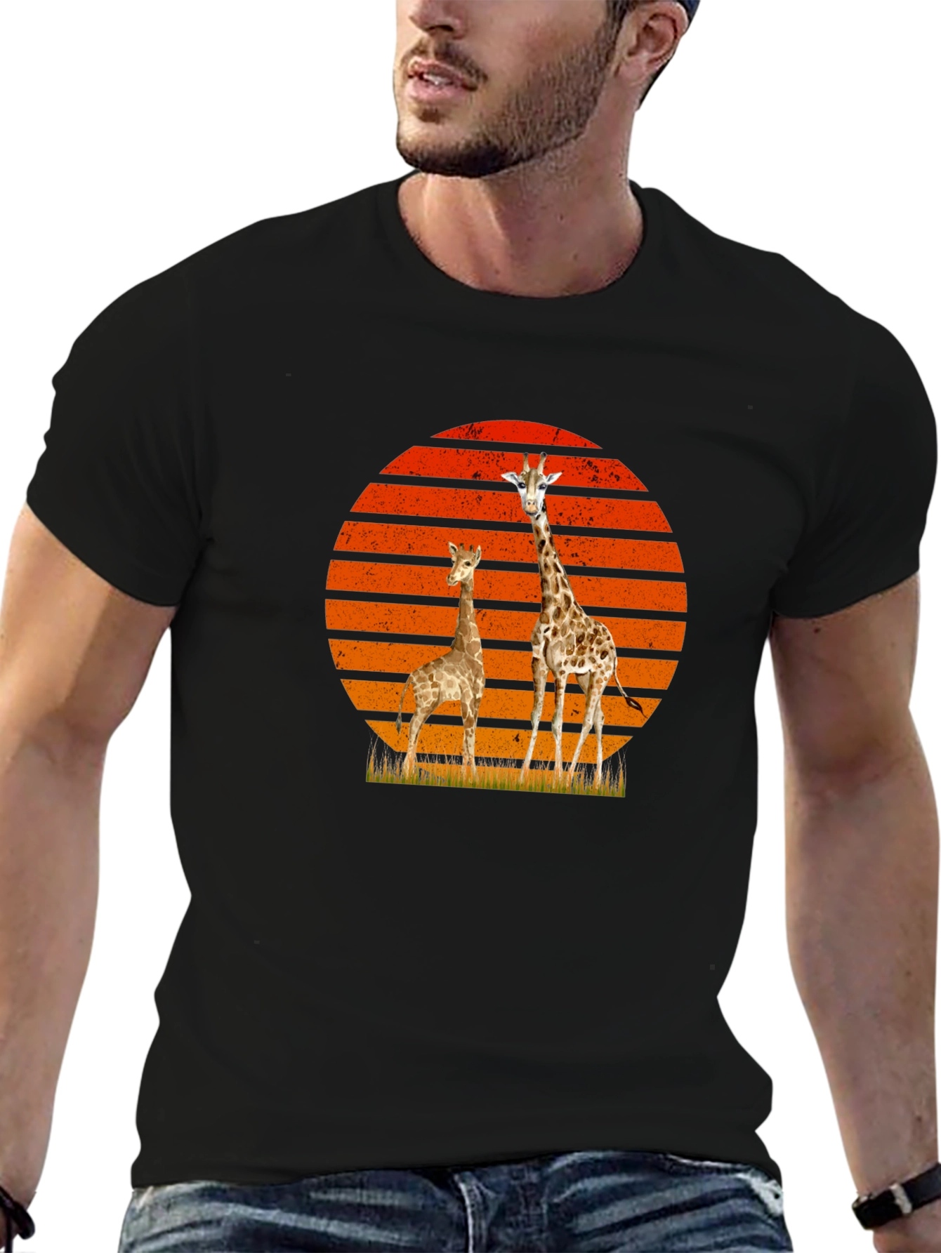 Giraffe Sunset Graphic Tee - Black Cotton T-Shirt