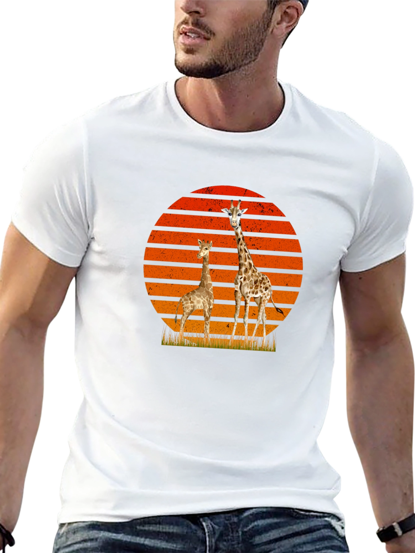 Giraffe Sunset Graphic Tee - Black Cotton T-Shirt