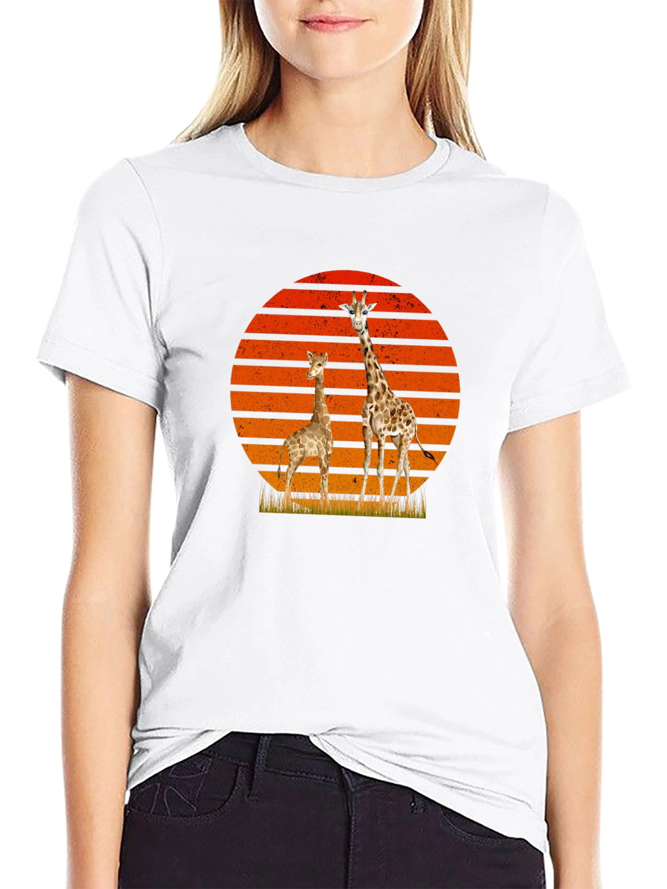 Giraffe Sunset Graphic Tee - Black Cotton T-Shirt