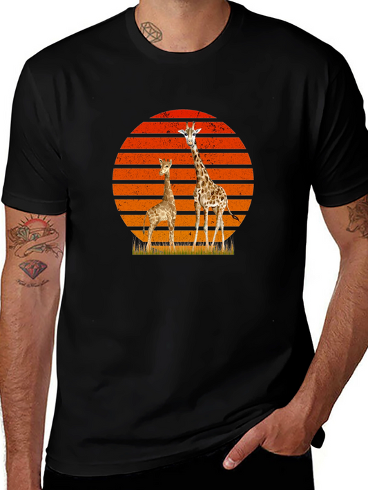Giraffe Sunset Graphic Tee - Black Cotton T-Shirt