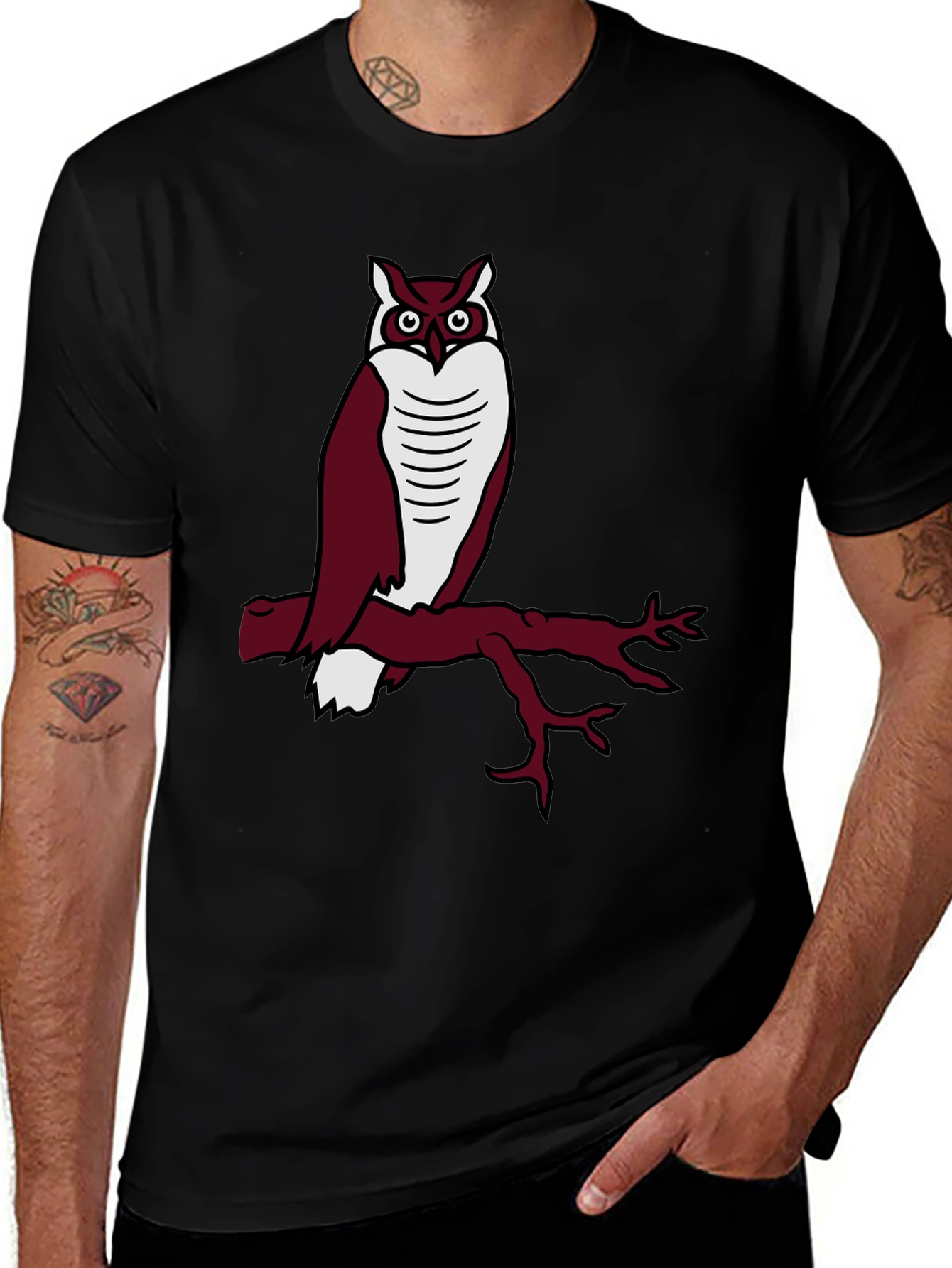 Owl on Branch Graphic Tee - Casual Black T-Shirt
