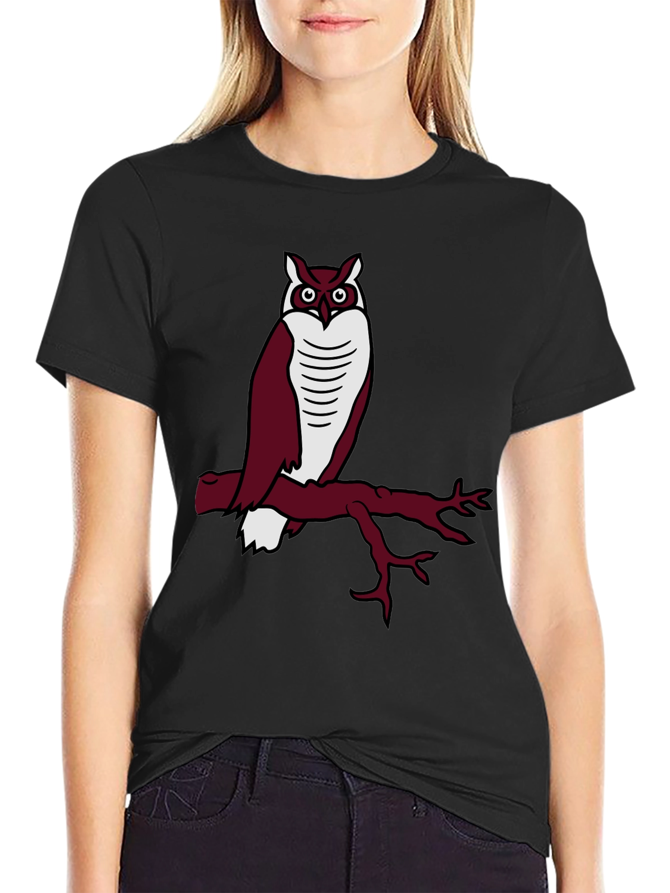Owl on Branch Graphic Tee - Casual Black T-Shirt